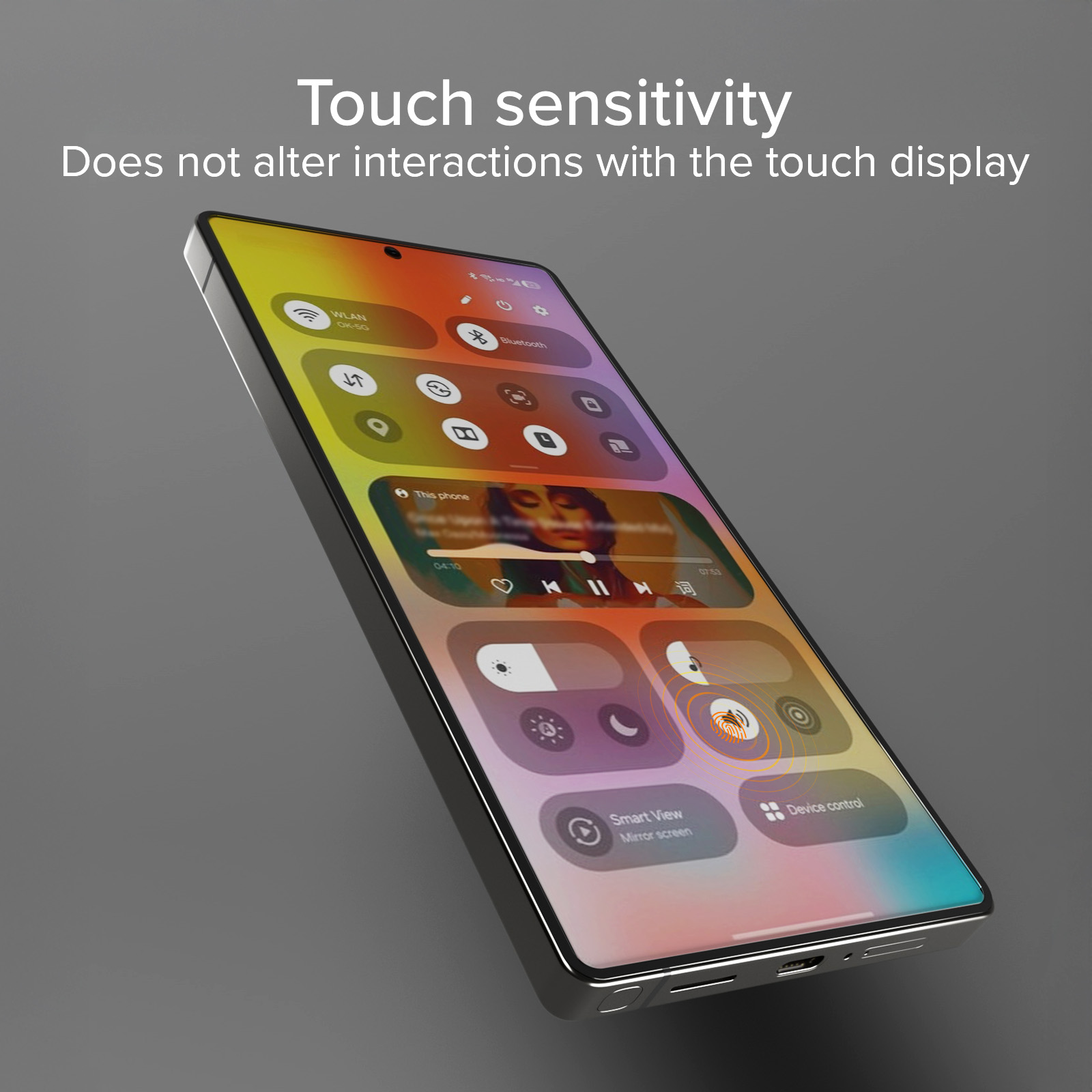 Ein Smartphone zeigt seine Benutzeroberfläche mit Symbolen. Der Bildschirm zeigt Musiksteuerungen und Einstellungen. Der Hintergrund ist grau.