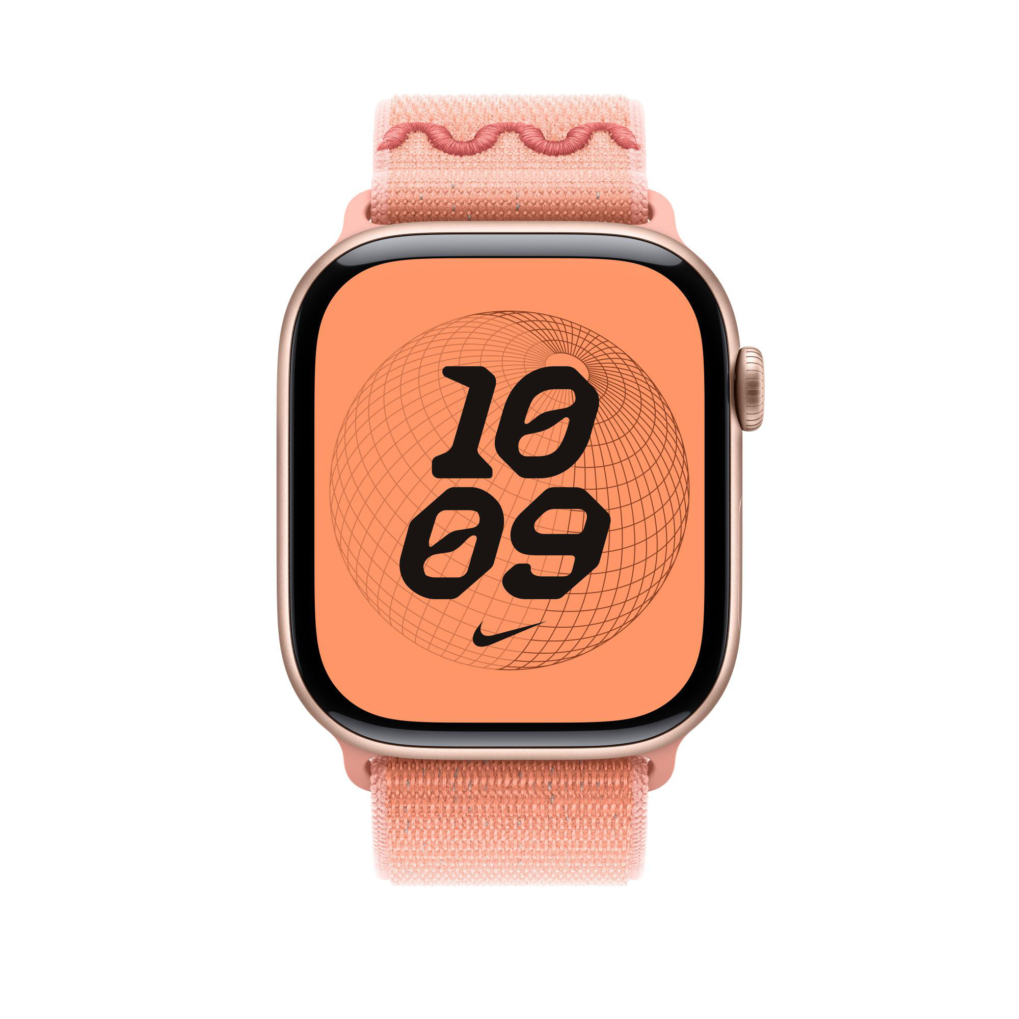Eine Apple Watch mit pinkfarbenem Armband und Display, das die Uhrzeit 10:09 anzeigt. Das Display hat eine Weltkugel-Grafik.