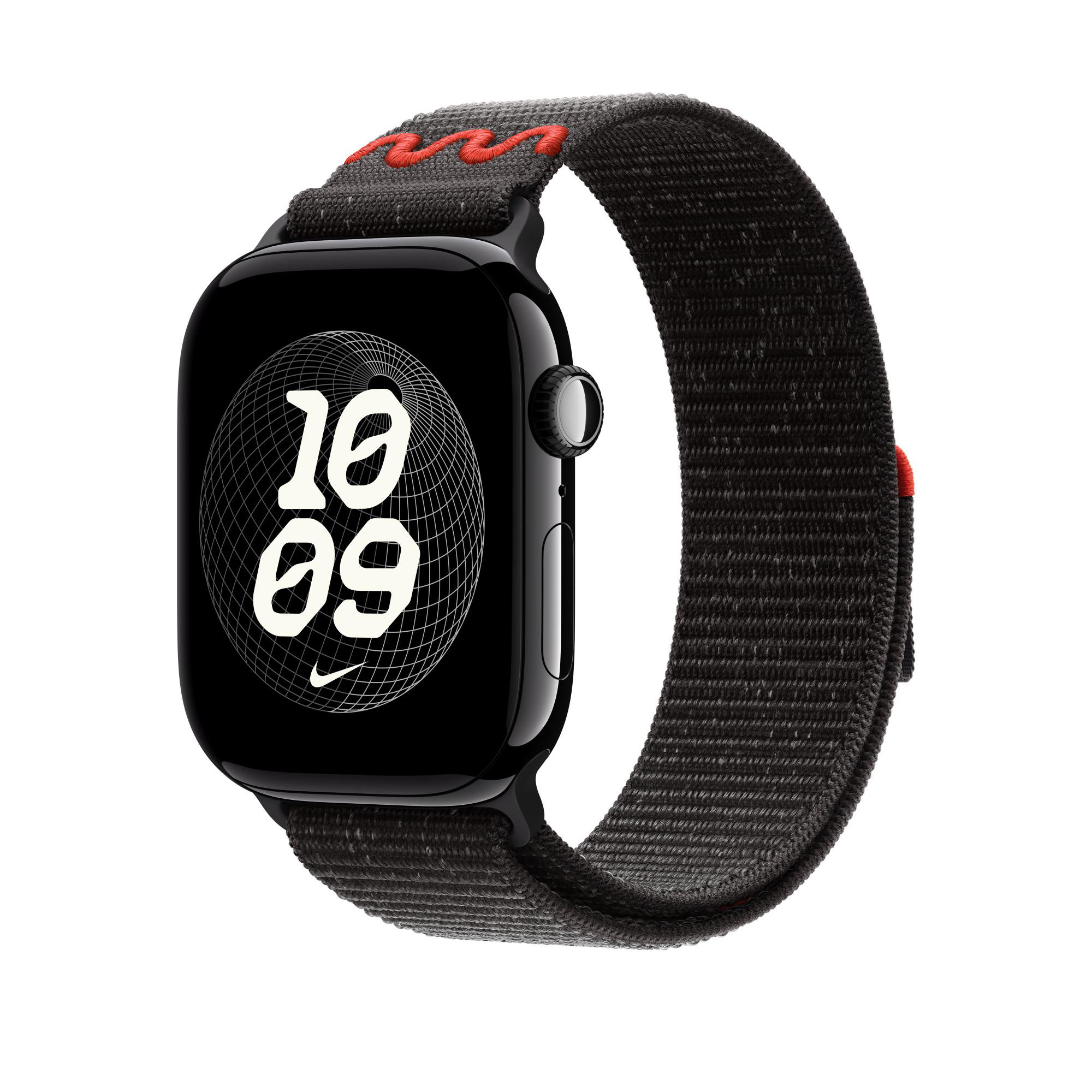 Schwarze Apple Watch mit schwarzem und grauem Armband. Das Zifferblatt zeigt die Uhrzeit 10:09.