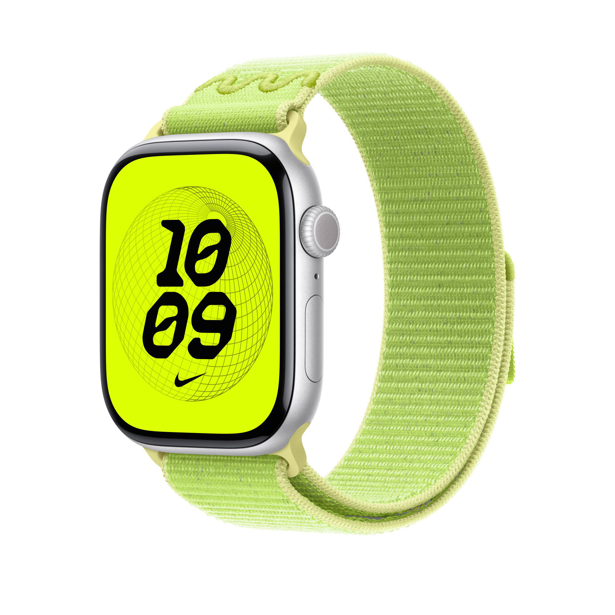Apple Watch mit hellgrünem Armband und Ziffernblatt mit der Uhrzeit 10:09, Nike-Logo auf dem Ziffernblatt.