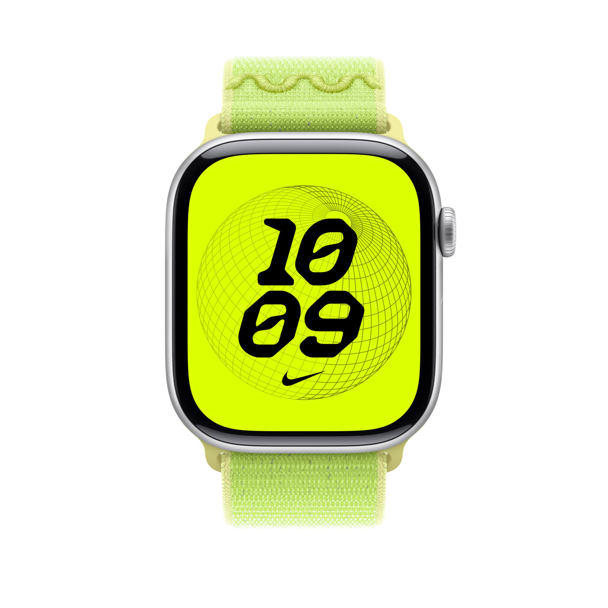 Apple Watch Nike Edition. Es hat einen leuchtend gelben Bildschirm mit der Uhrzeit 10:09, ein gelbes Band und ein silbernes Gehäuse.
