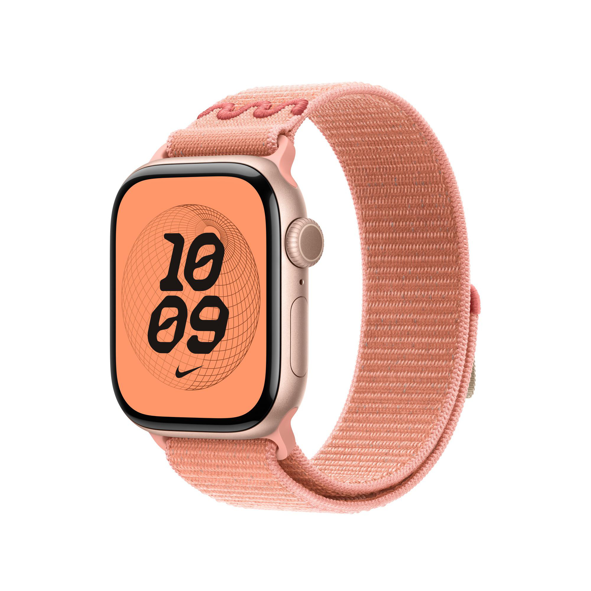 Eine roségoldene Apple Watch mit einem pfirsichfarbenen Armband. Das Zifferblatt zeigt 10:09. Das Nike-Logo ist sichtbar.