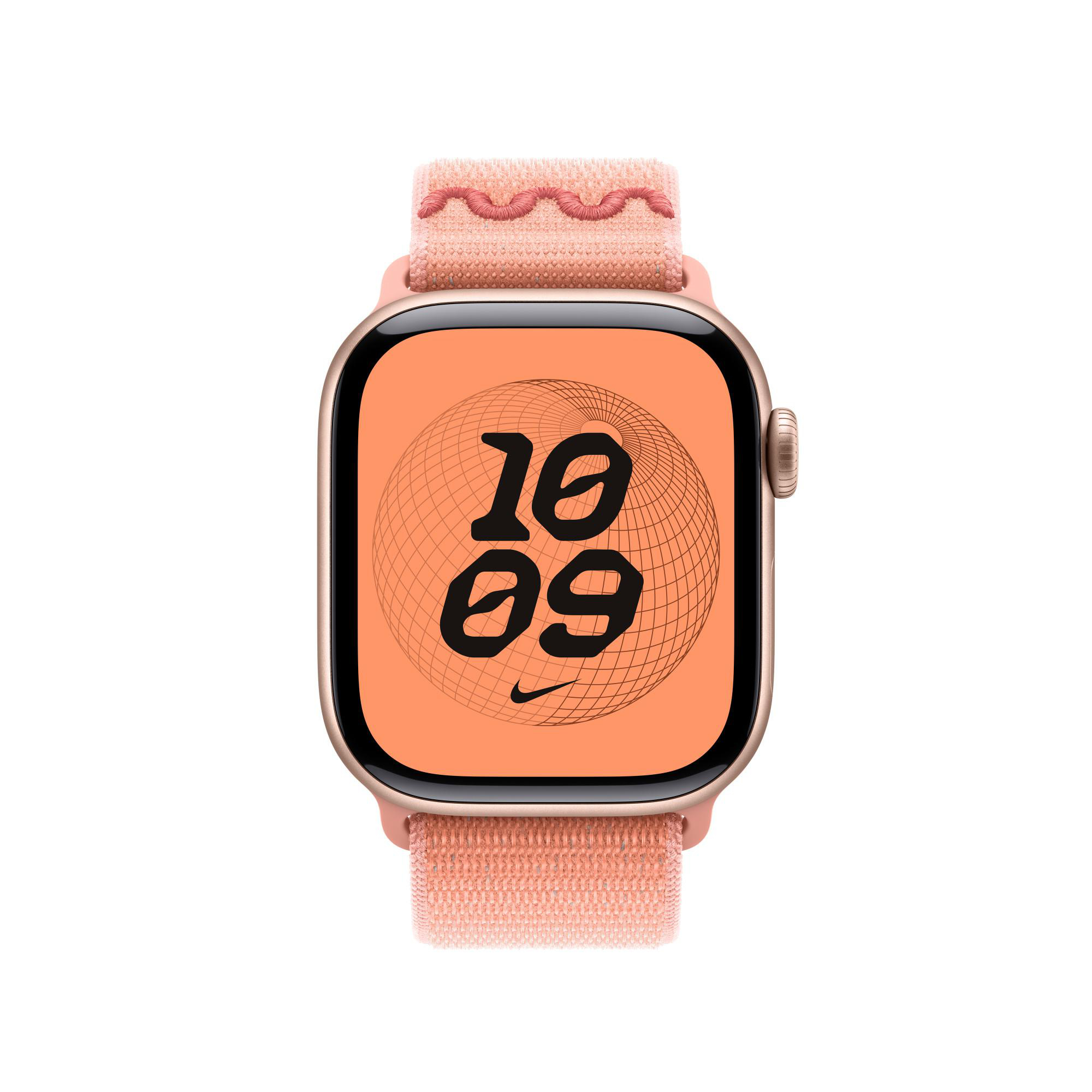 Eine goldene Apple Watch mit rosafarbenem Armband. Das Zifferblatt zeigt 10:09. Unten befindet sich ein Nike-Logo.