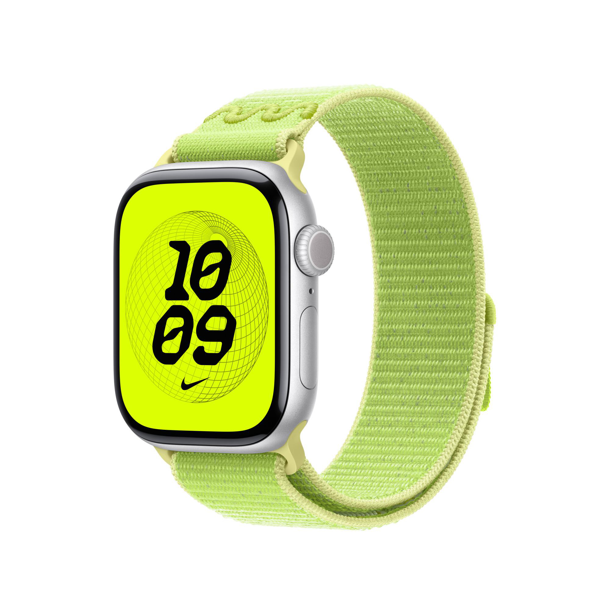 Apple Watch mit hellgrünem Armband. Das Zifferblatt zeigt 10:09 Uhr. Das Armband und das Gehäuse sind hellgrün und silber.