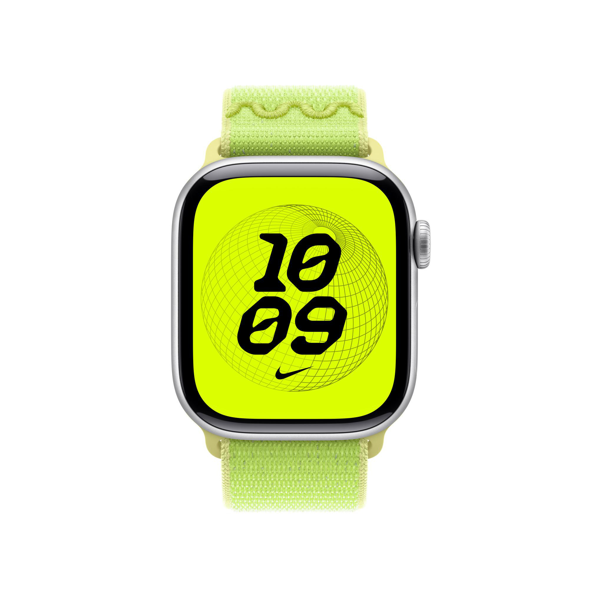Apple Watch mit neongrünem Zifferblatt mit der Anzeige 10:09. Es hat ein hellgrünes Armband mit Wellendesign.