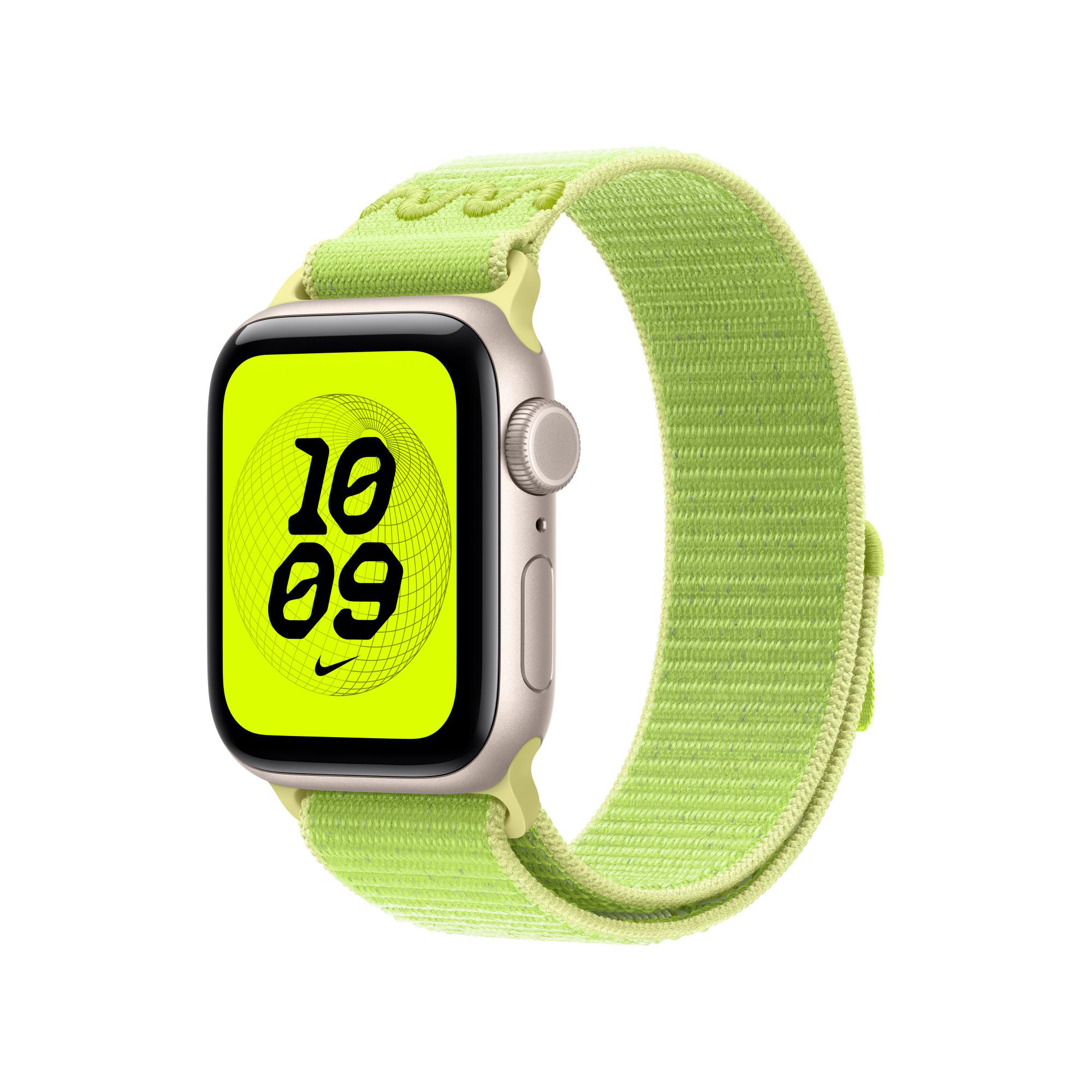 Eine Apple Watch mit einem lindgrünen Armband. Das Zifferblatt zeigt die Uhrzeit 10:09 in Schwarz. Der Hintergrund ist neongrün.