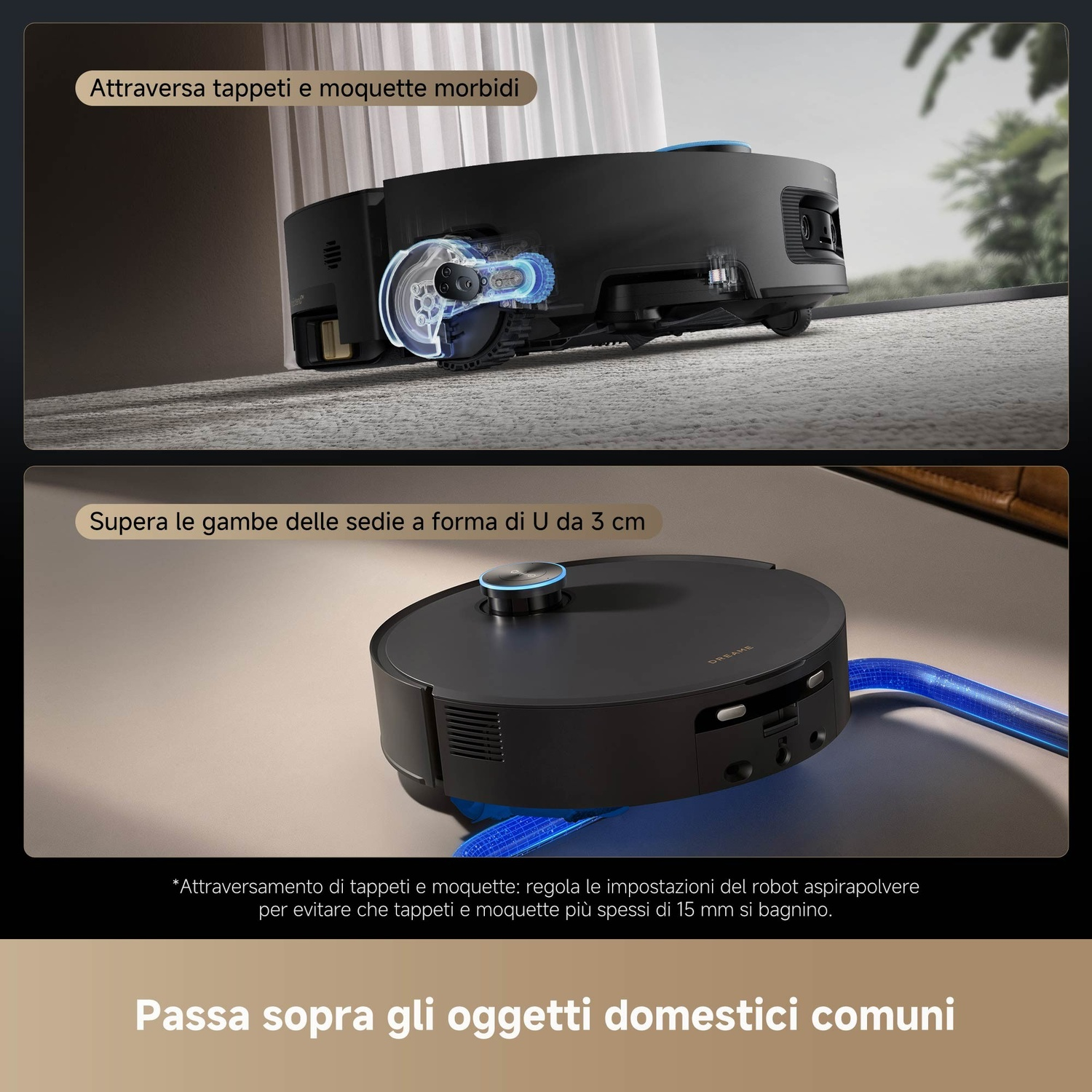 Un aspirapolvere robot nero con dettagli blu e bianchi. Viene mostrato mentre attraversa tappeti e sale sulle gambe delle sedie.