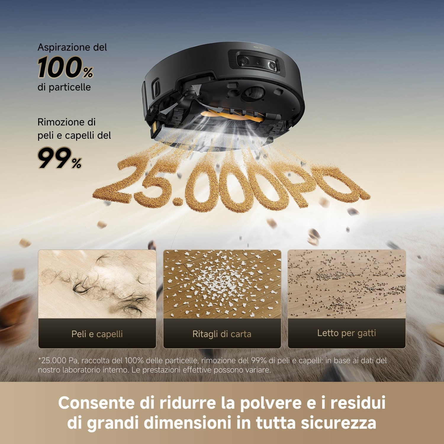 Un aspirapolvere robot con corpo nero pulisce il pavimento, mostrando le percentuali di rimozione della polvere, illustrazioni di capelli, pezzi di carta e lettiera per gatti.