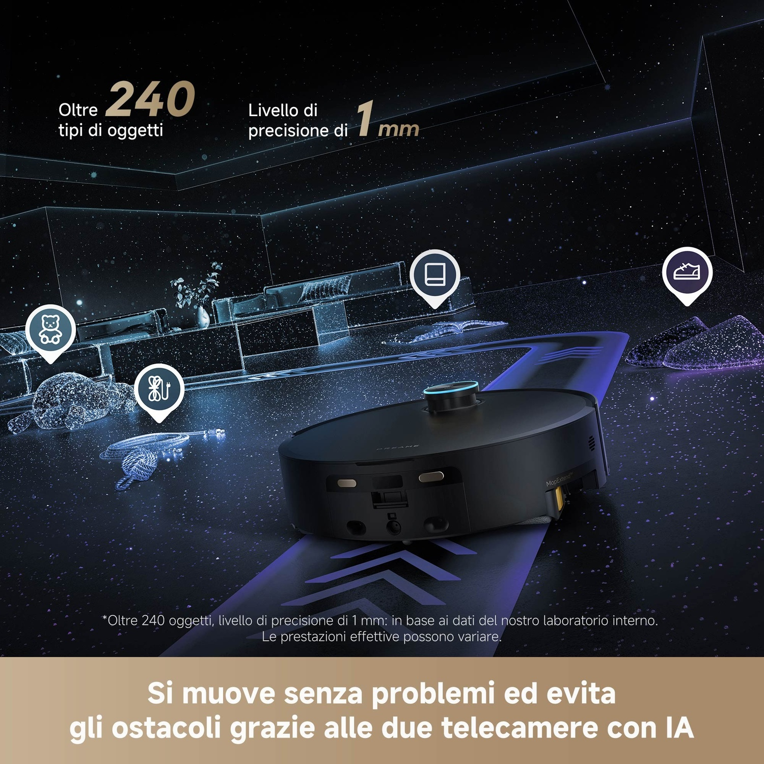 Un aspirapolvere robot nero con un percorso blu, icone di oggetti e testo sull'evitamento degli ostacoli e sulla precisione.