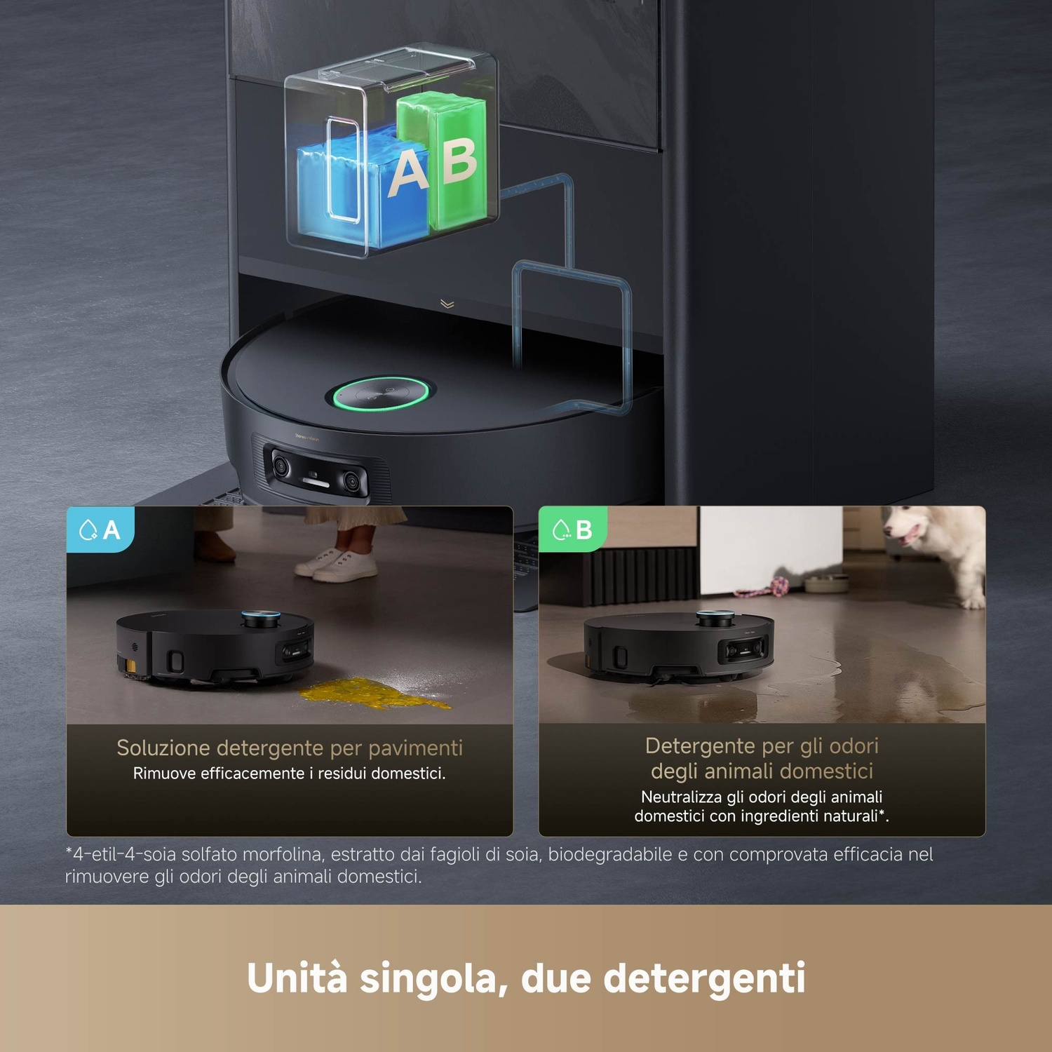 Un robot per la pulizia con due scomparti, uno blu e uno verde. Ha una soluzione detergente per pavimenti e odori di animali domestici.