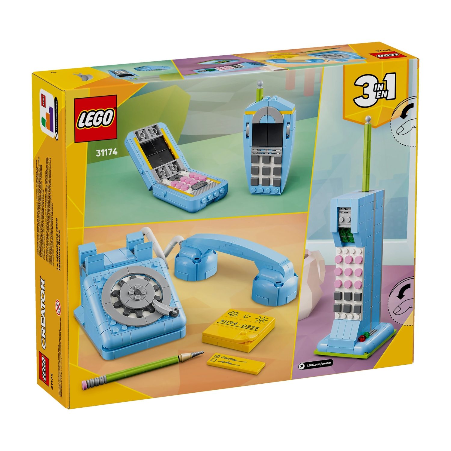 Una scatola del set Lego Creator che mostra tre diversi modelli di telefoni retrò. La scatola è gialla e ha una matita verde e un promemoria.