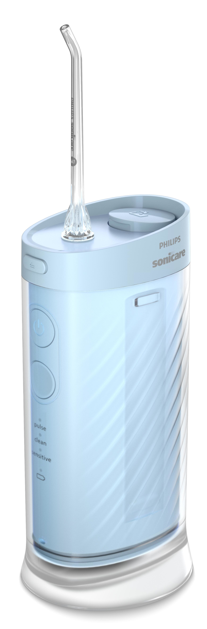 Egy Philips Sonicare szájzuhany. Világoskék, átlátszó heggyel. A gombok és a feliratok láthatók az elején.
