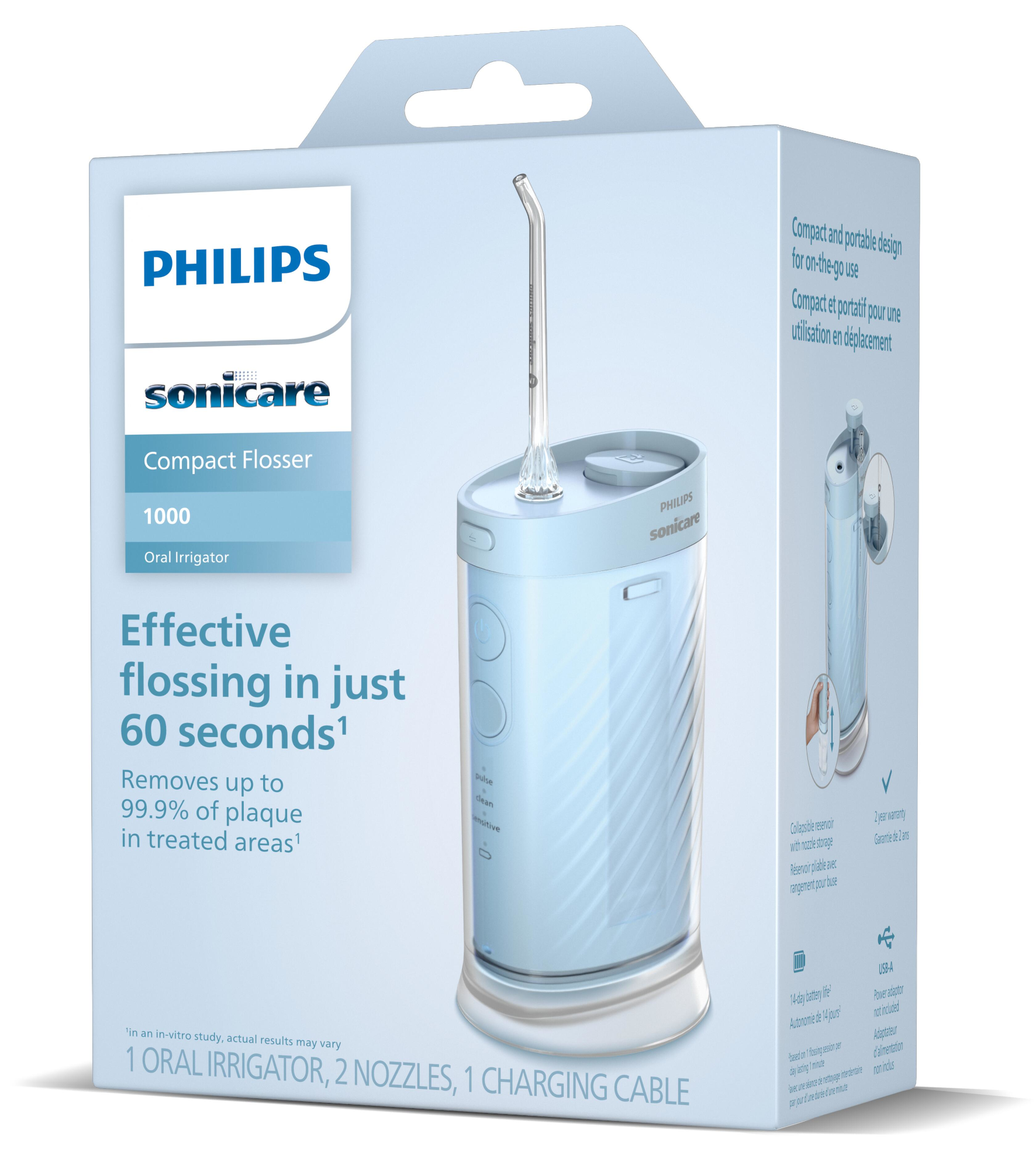 Philips Sonicare Compact Flosser 1000 doboza. Fehér kék részletekkel, bemutatva a terméket és annak jellemzőit.