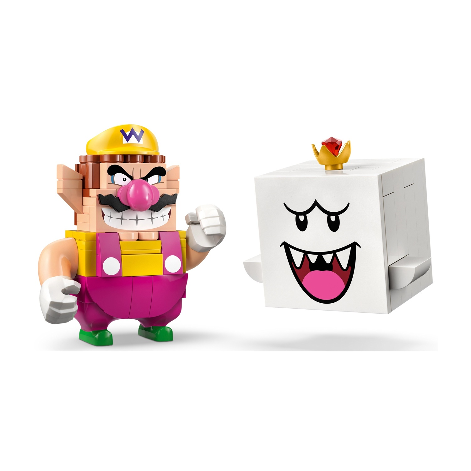 Personaggi Lego di Wario e Boo. Wario indossa un cappello giallo e una salopette rosa, e Boo è un cubo bianco con una corona.