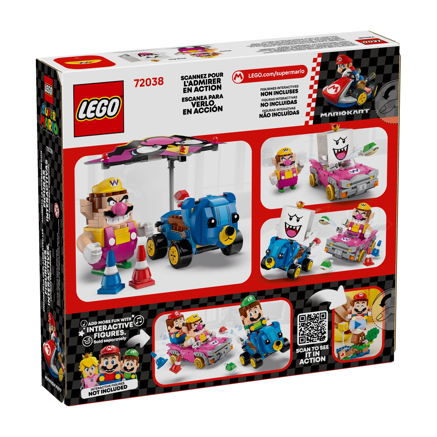 Retro di una scatola Lego Super Mario. Mostra personaggi di Mario Kart e personaggi interattivi non inclusi. La scatola è colorata.