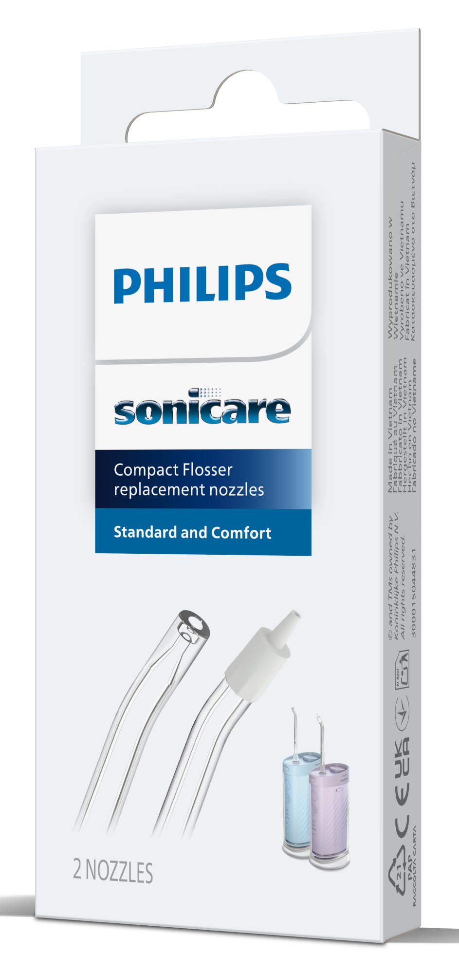 Philips Sonicare Compact Flosser cserélhető fúvókák. Fehér doboz kék és lila fúvókákkal és két fúvókával.