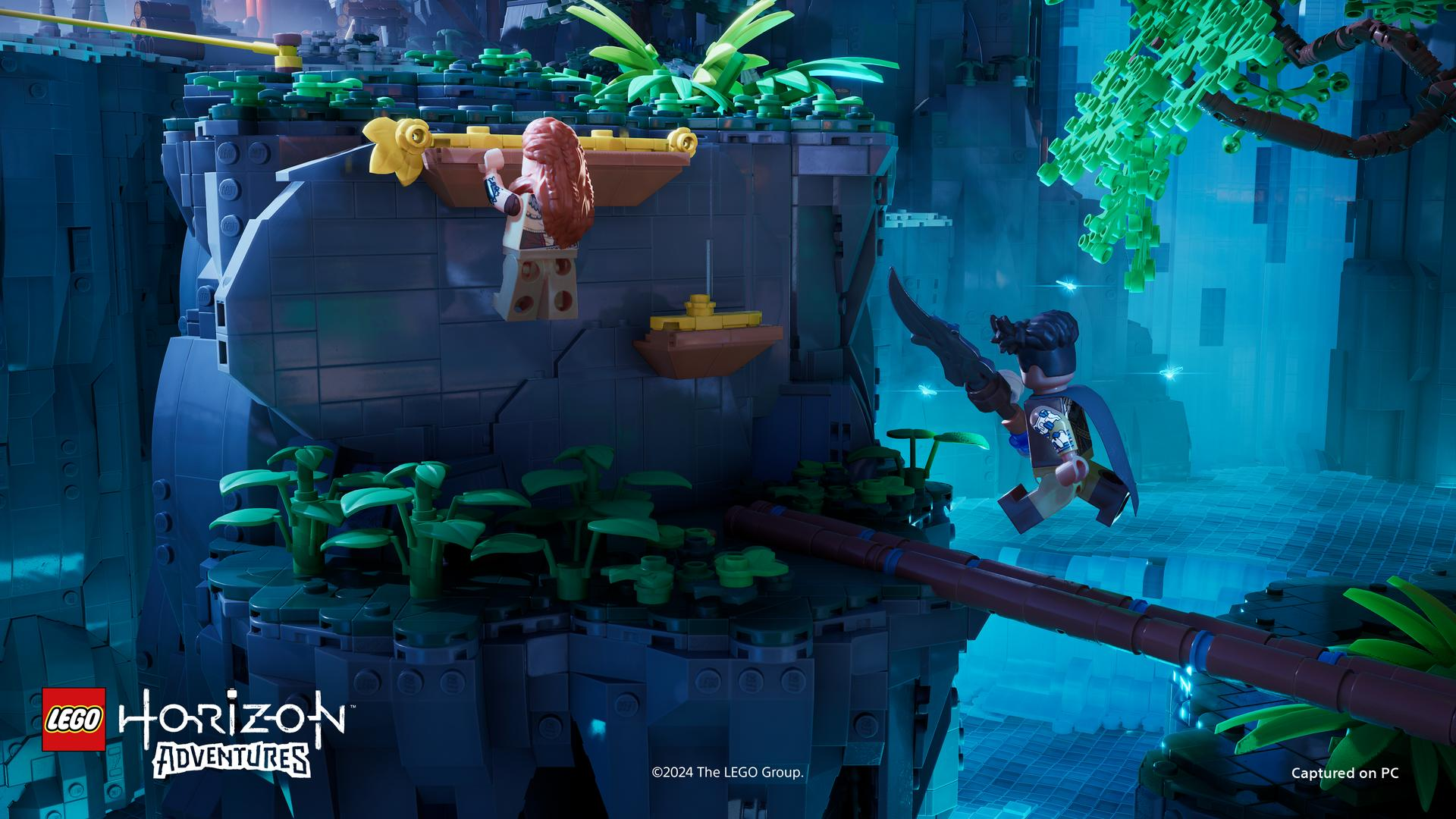 Lego-Szene mit zwei Minifiguren auf einer Klippe. Üppiges grünes Laub und blaue Beleuchtung schaffen eine lebendige, abenteuerliche Umgebung.