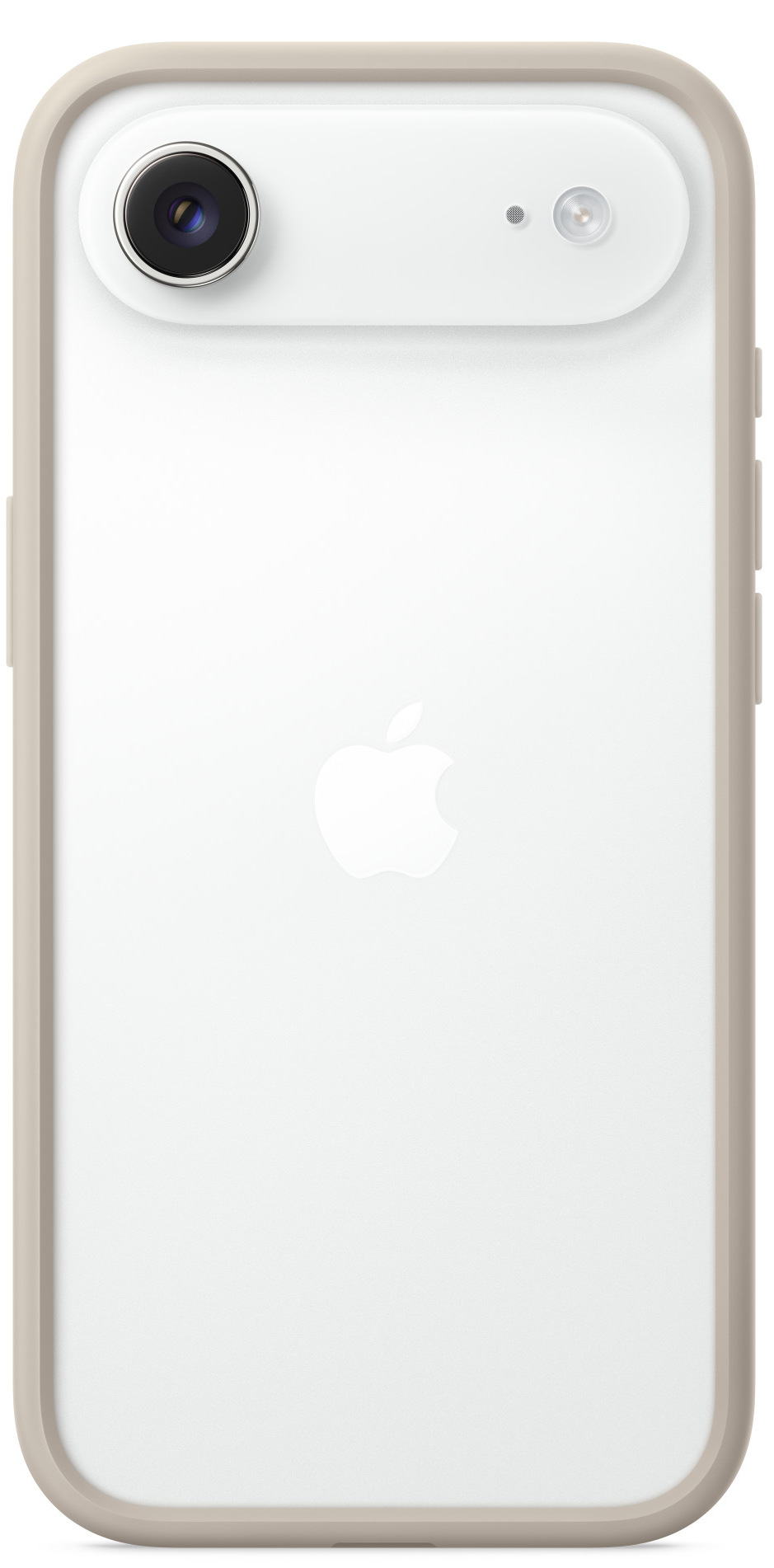 Biały tył telefonu z aparatem i logo Apple. Beżowa ramka. U góry aparat i lampa błyskowa. Logo Apple wyśrodkowane.