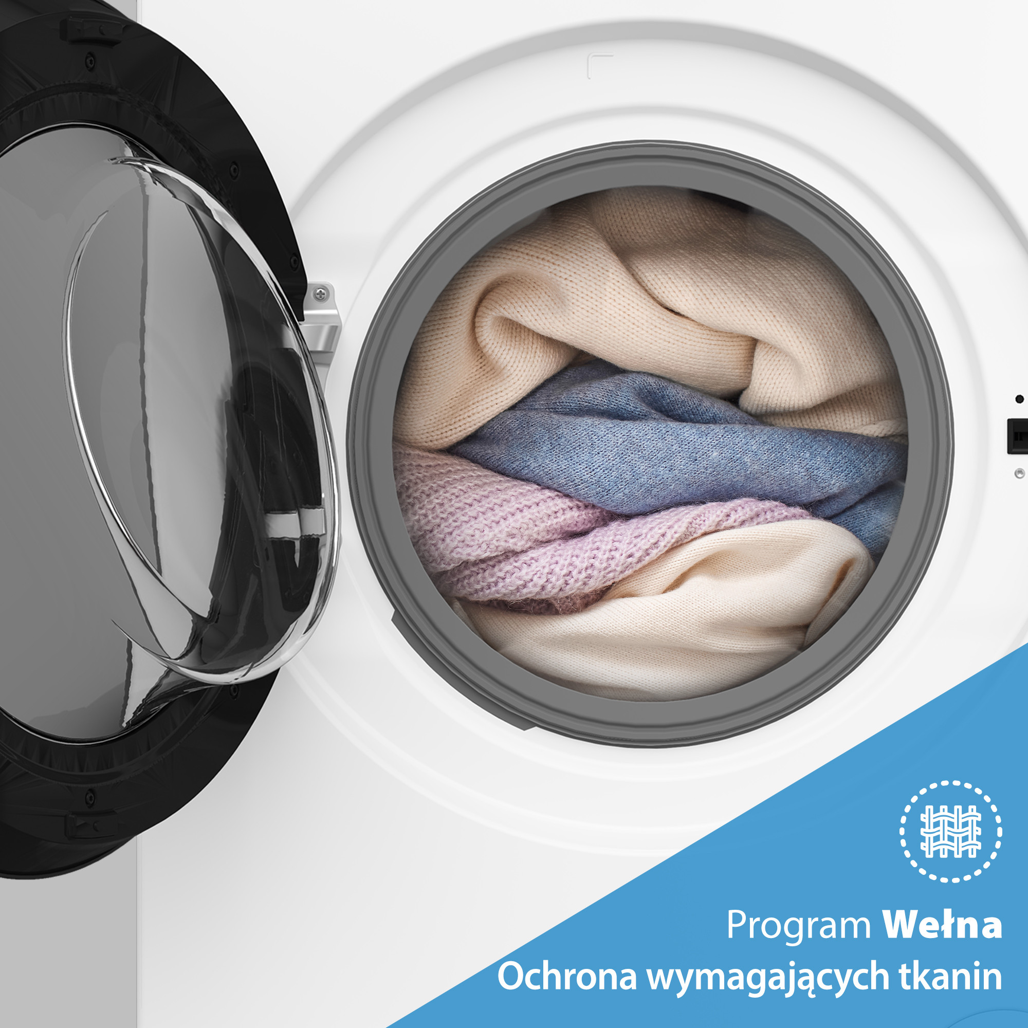 Otwarte drzwi pralki z kolorowymi ubraniami w środku. Biała pralka z niebieskim akcentem i tekstem: Program Wełna dla delikatnych tkanin.