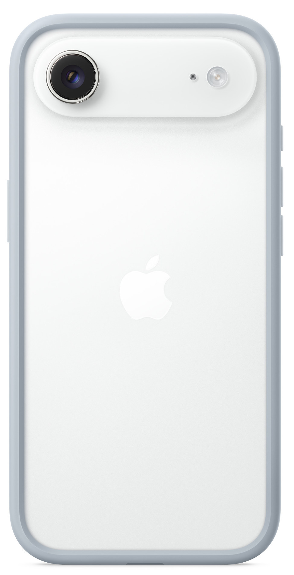 Biały tył smartfona z aparatem, lampą błyskową i logo Apple, w jasnoniebieskim etui.