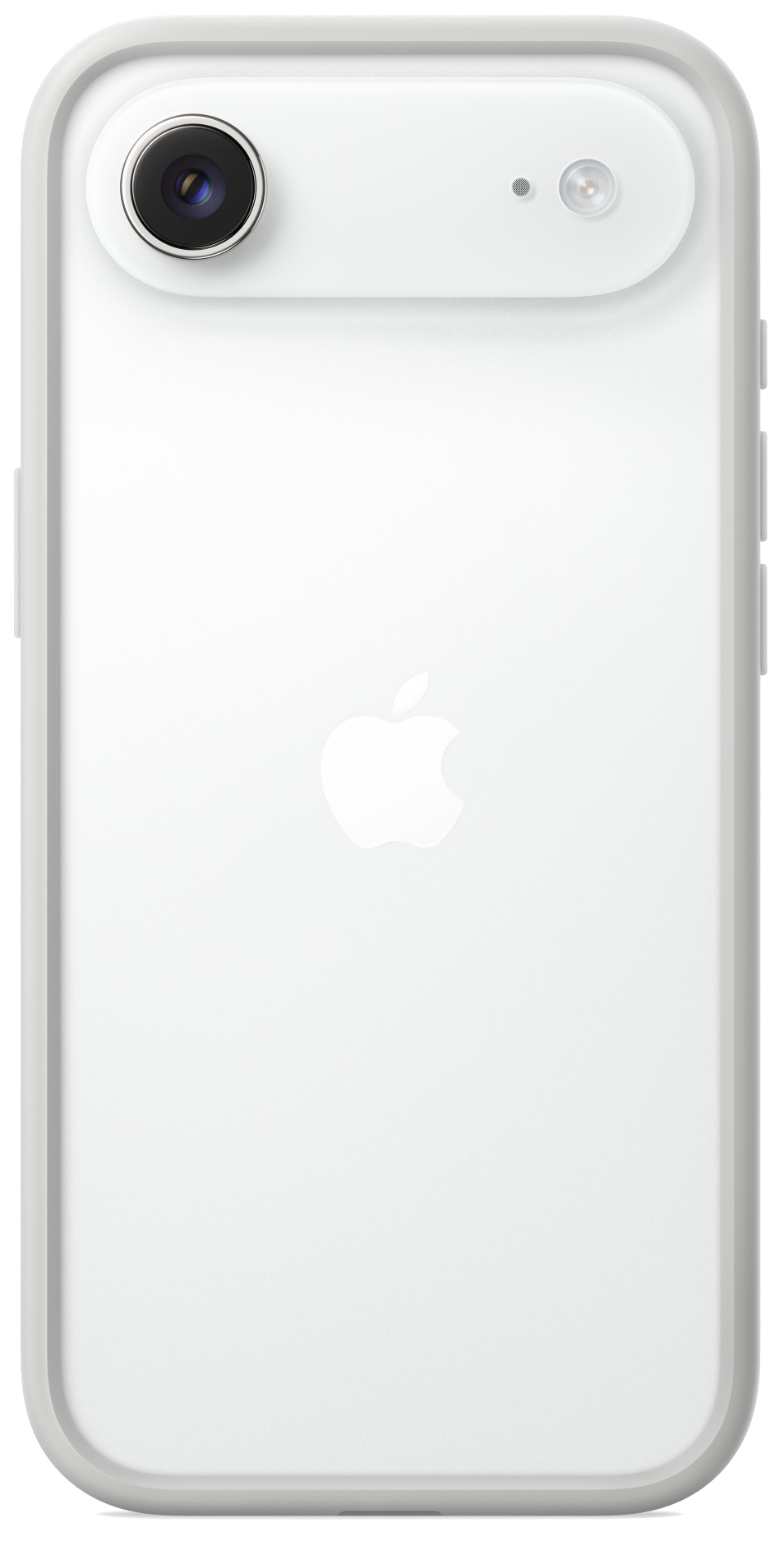 Biały tył iPhone'a. Zawiera aparat, lampę błyskową i logo Apple. Telefon jest biały ze srebrną ramką.