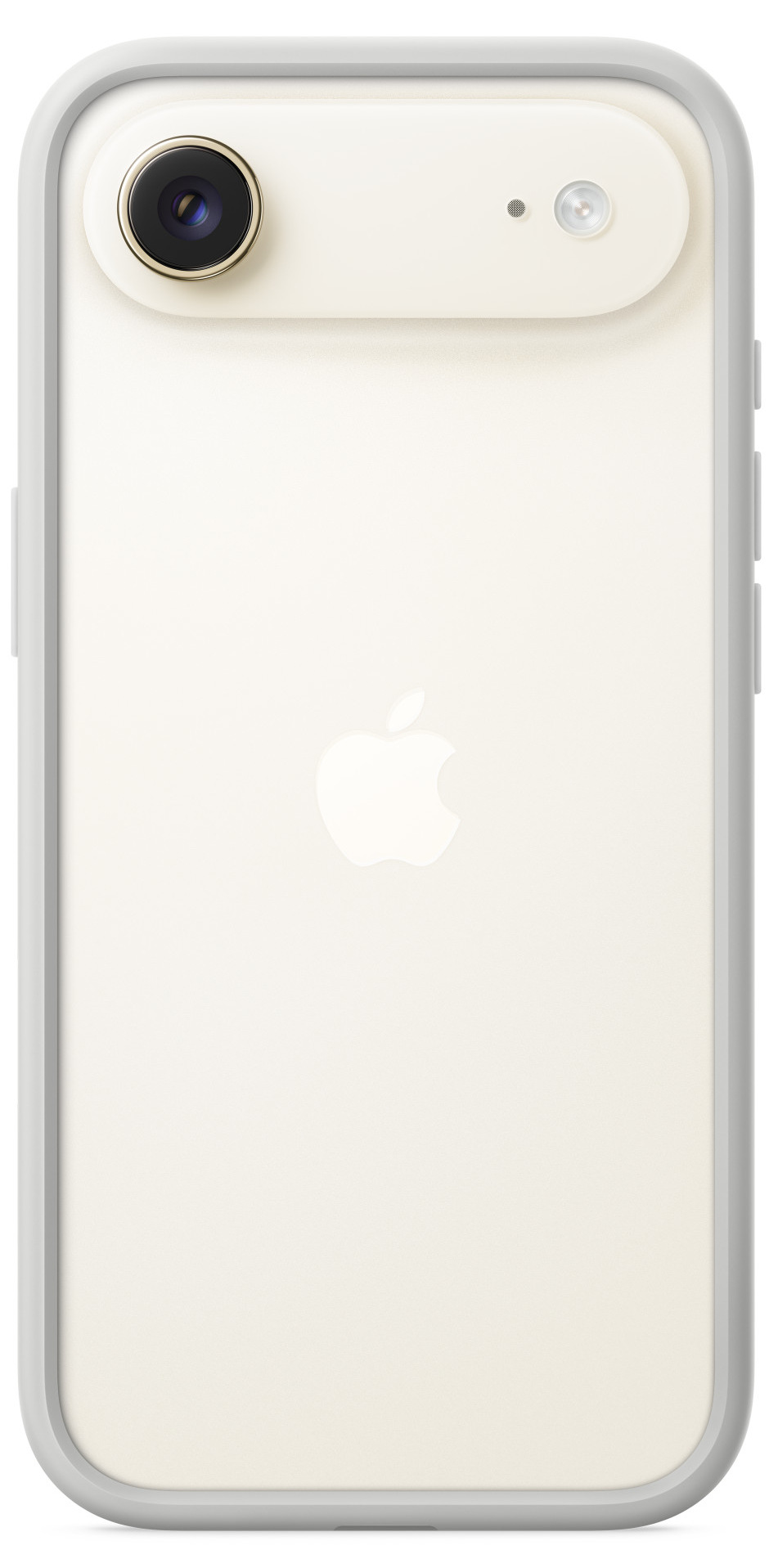 Tył białego iPhone'a. Ma logo Apple, aparat i lampę błyskową. Telefon jest w szarej obudowie.