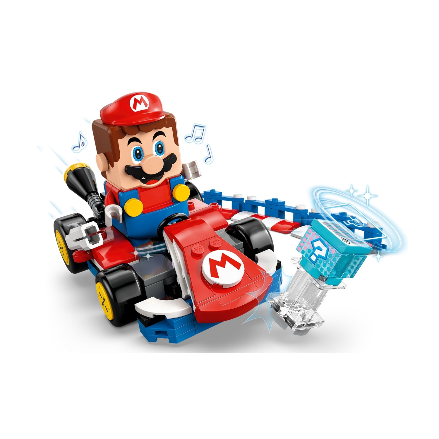 Set Lego Mario Kart. Mario in un kart rosso con una scatola con punto interrogativo. I colori blu, rosso e bianco sono dominanti.