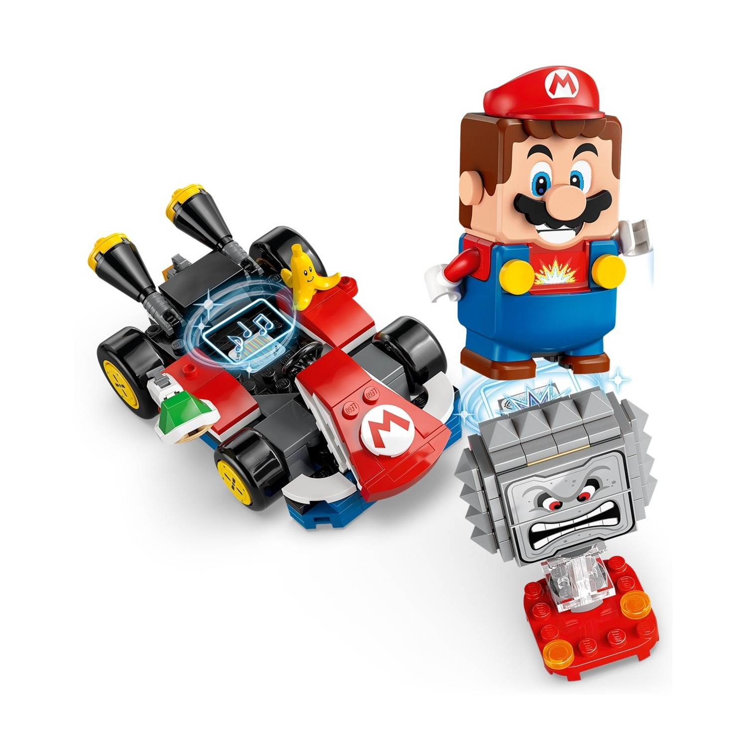 Set Lego con Mario, il suo kart e un Thwomp. Mario ha un cappello rosso, una salopette blu. Il kart è rosso, nero e giallo.