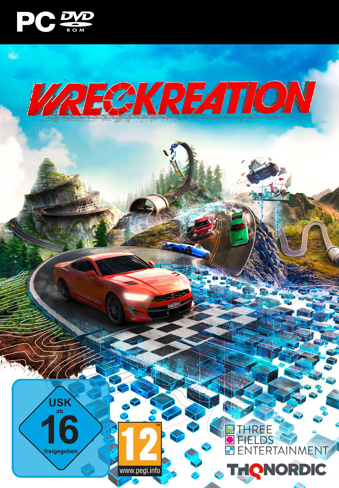 Spiele-Cover. Ein orangefarbenes Auto fährt Rennen. Andere Autos fahren auf einer Strecke mit Schleifen und Bergen. Der Titel lautet Wreckreation.