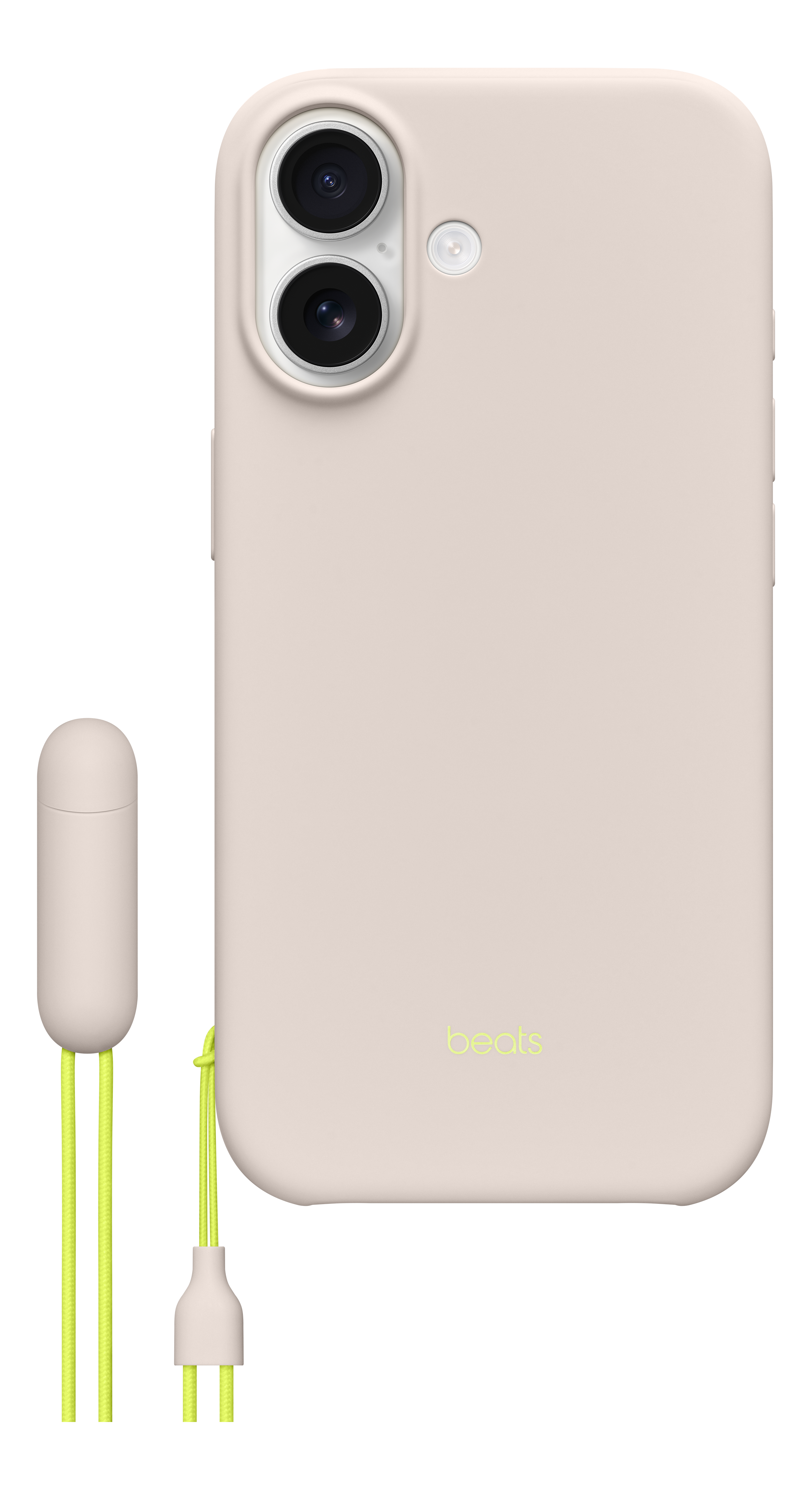 Une coque de téléphone rose pâle avec un accessoire assorti et des cordons jaune néon. La coque a deux objectifs. La marque est beats.