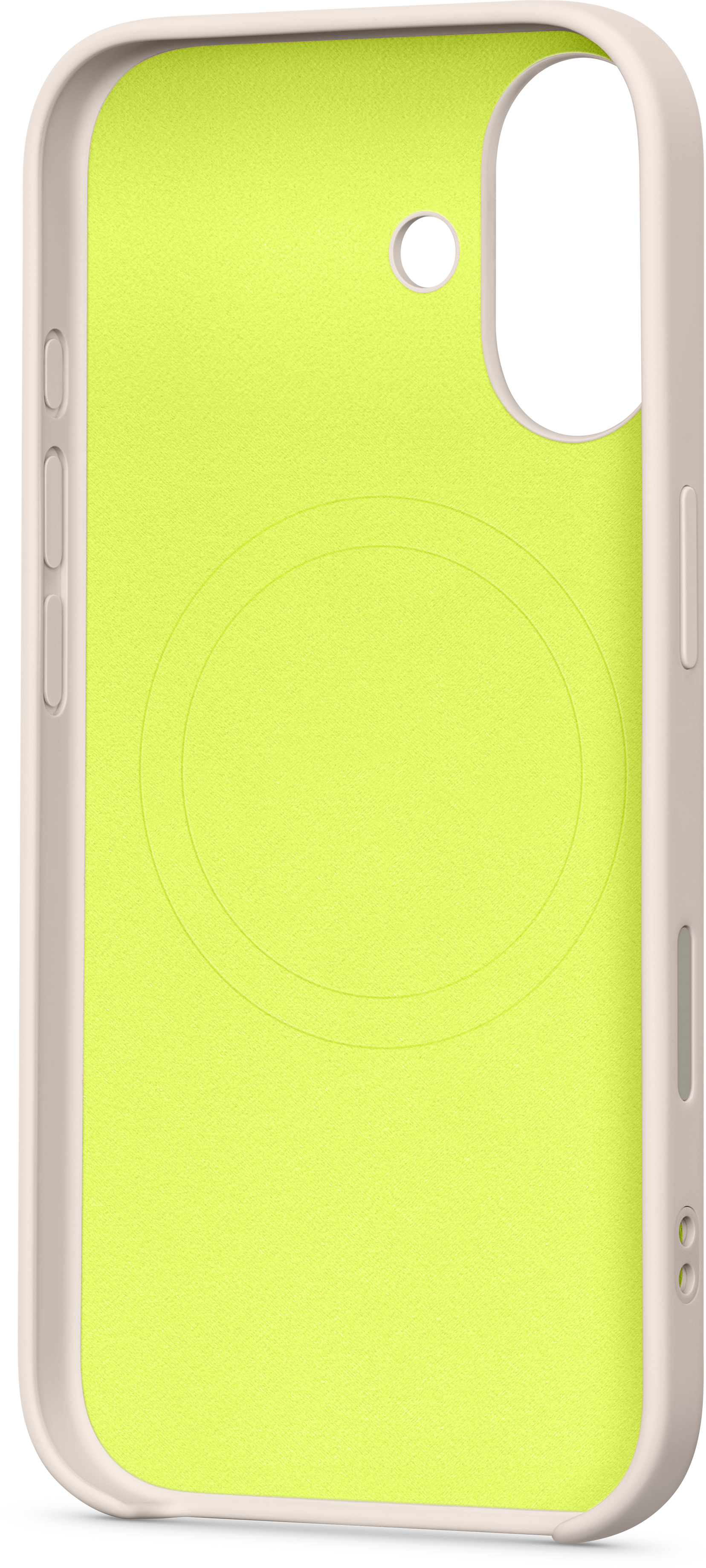 Une coque de téléphone avec un intérieur vert clair et un extérieur blanc. L'appareil photo et les boutons sont visibles. La coque est vide.