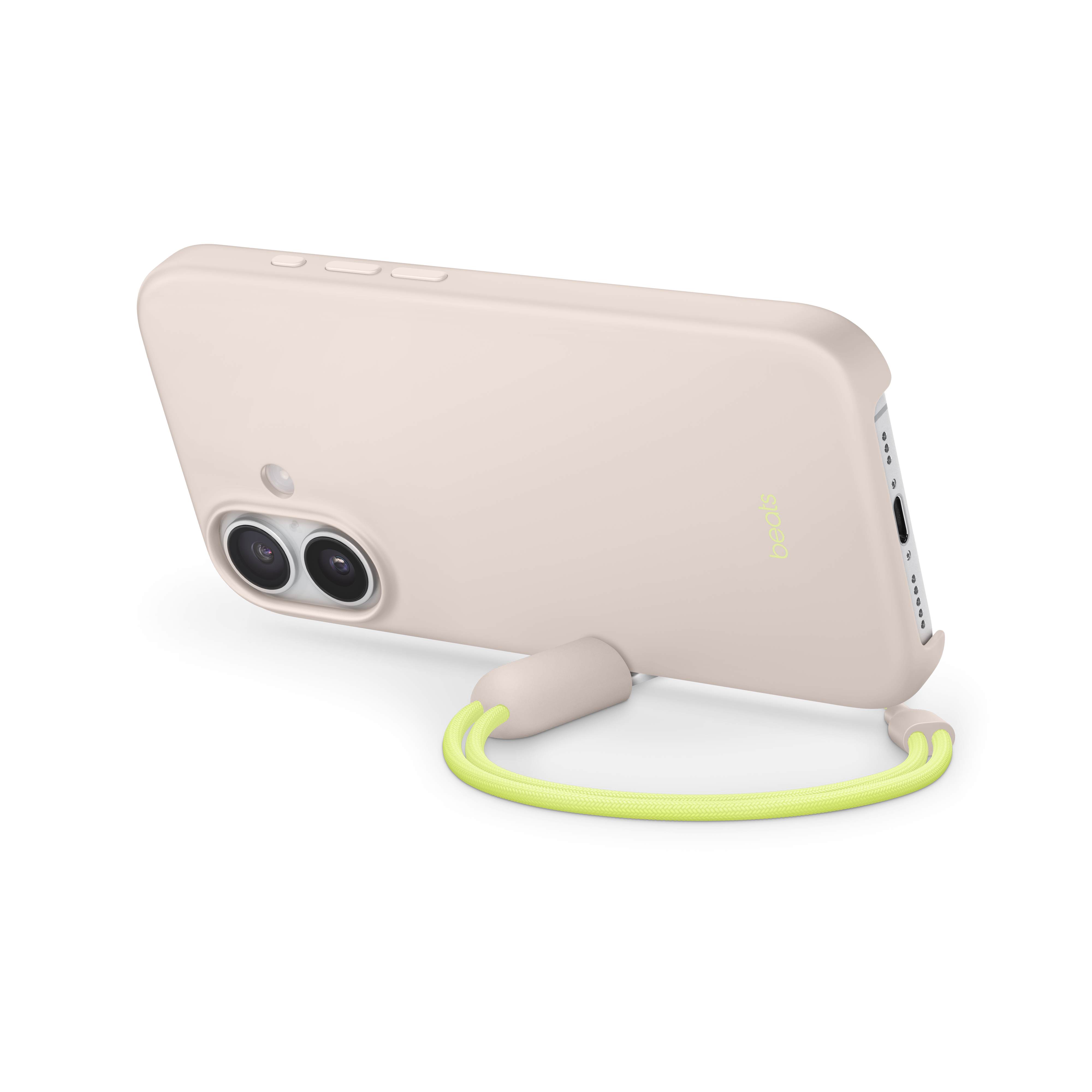 Un téléphone dans un étui rose clair avec une sangle vert néon, sur fond noir. Le téléphone a deux caméras.