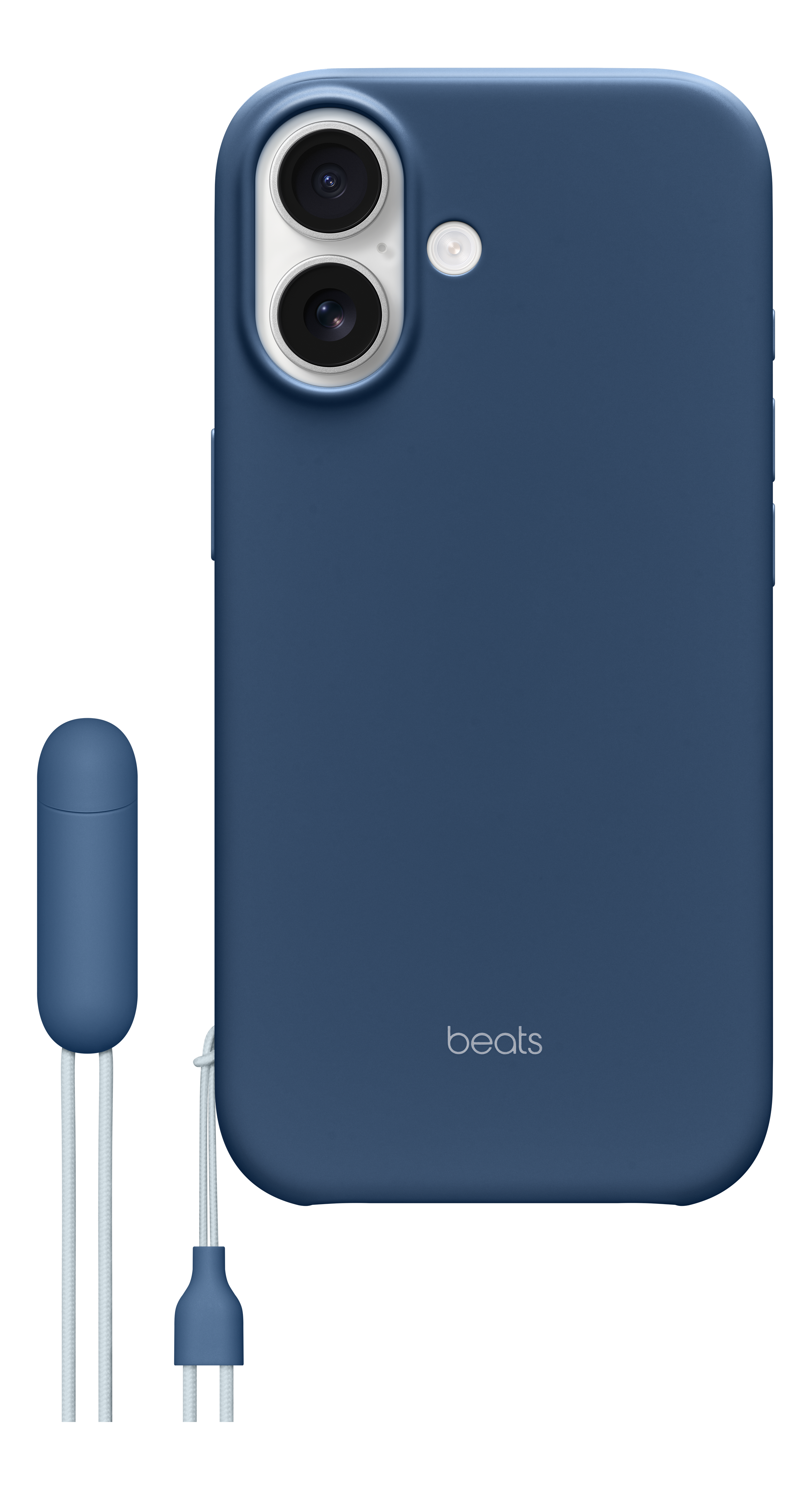 Coque de téléphone bleue avec logo Beats, un écouteur assorti et un câble de charge blanc, le tout sur fond noir.