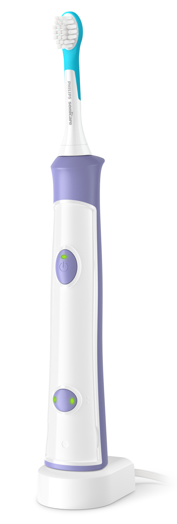 Egy elektromos fogkefe kék fejjel, fehér sörtékkel, lila és fehér testtel, valamint egy töltőállomással.