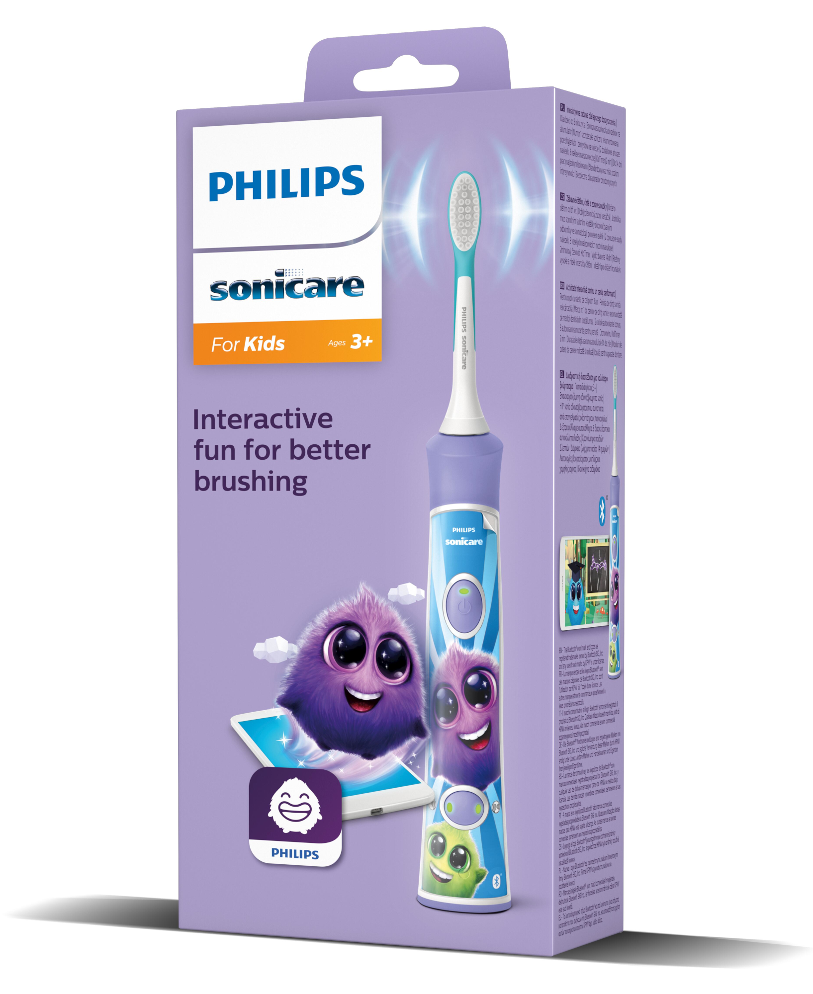 A dobozon egy Philips Sonicare fogkefe látható, lila és kék színben. A szöveg 'For Kids' és 'Interactive fun'.