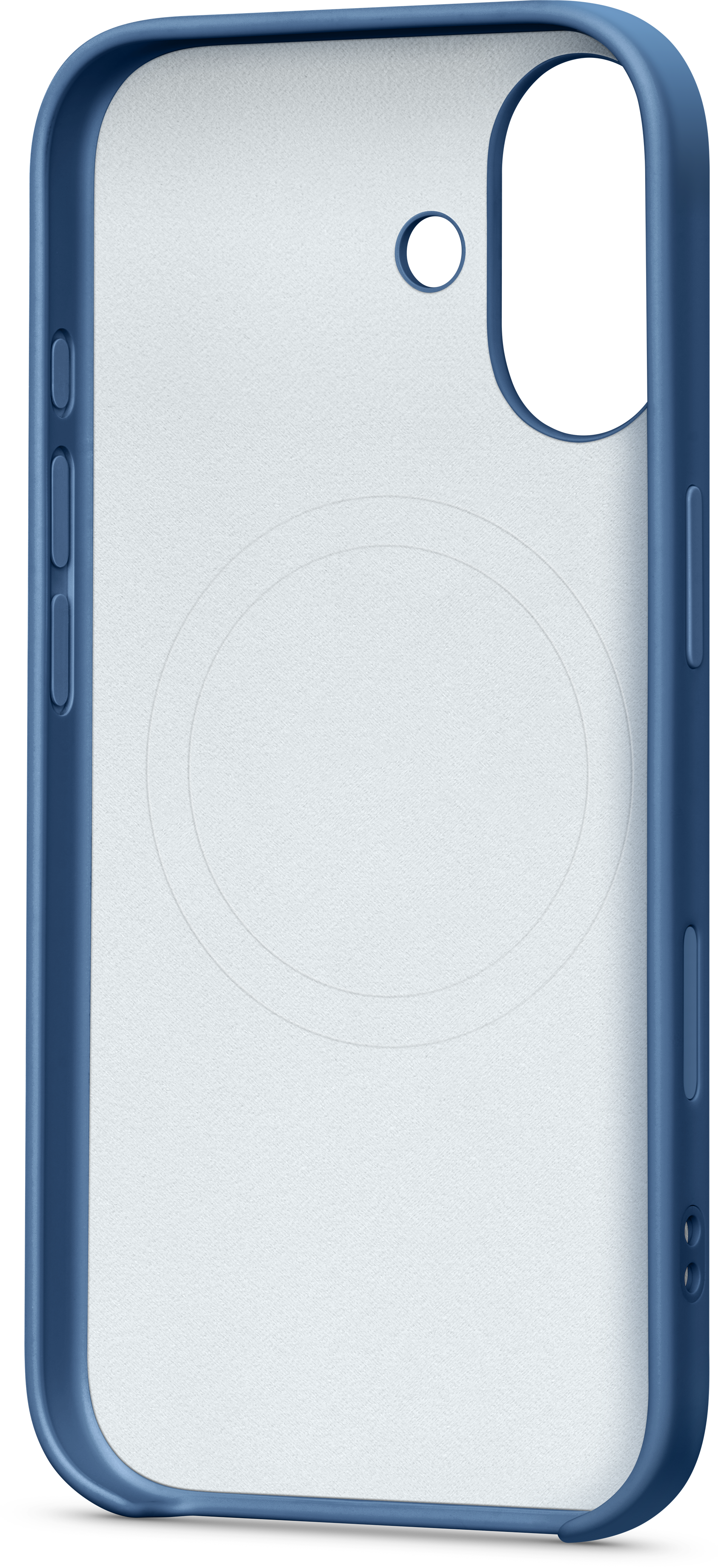 Une coque de téléphone bleue avec un intérieur blanc. Elle a des découpes pour les boutons et un trou pour l'appareil photo. Le fond est noir.