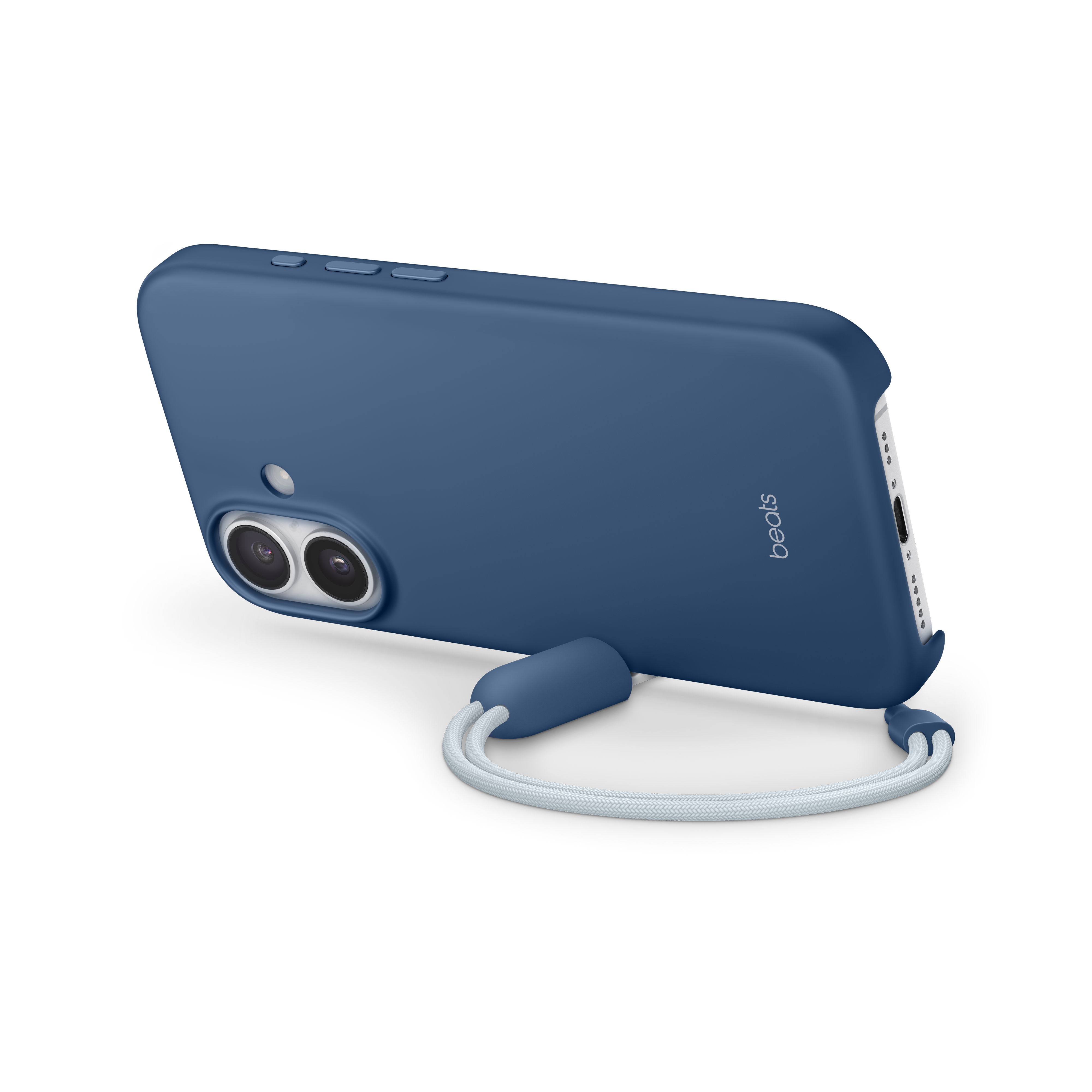 Une coque de téléphone bleue avec cordon blanc sur fond noir. La coque indique 'beats'.