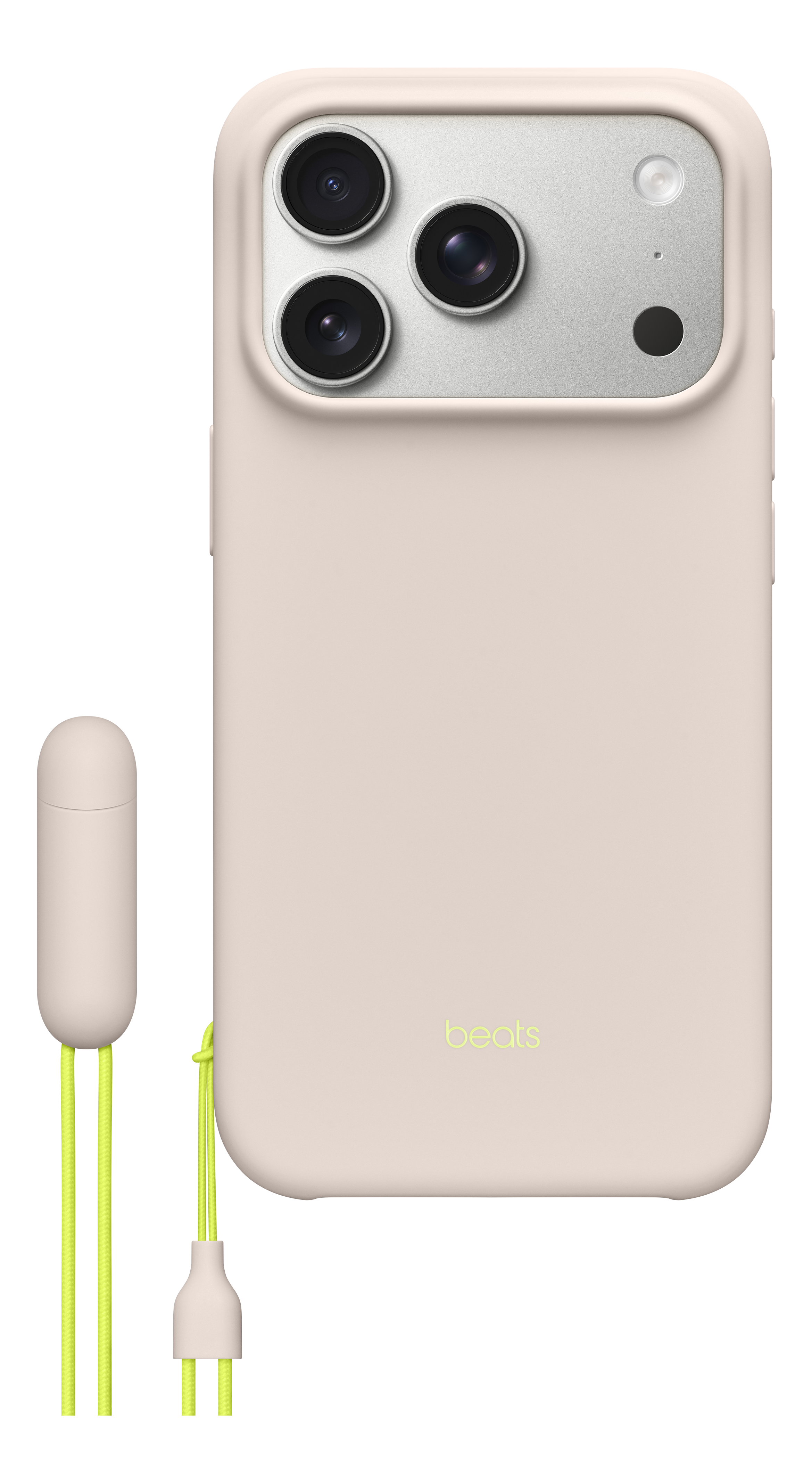 Une coque de téléphone rose clair avec trois objectifs d'appareil photo, un logo Beats et un écouteur attaché avec des cordons et une prise vert néon.
