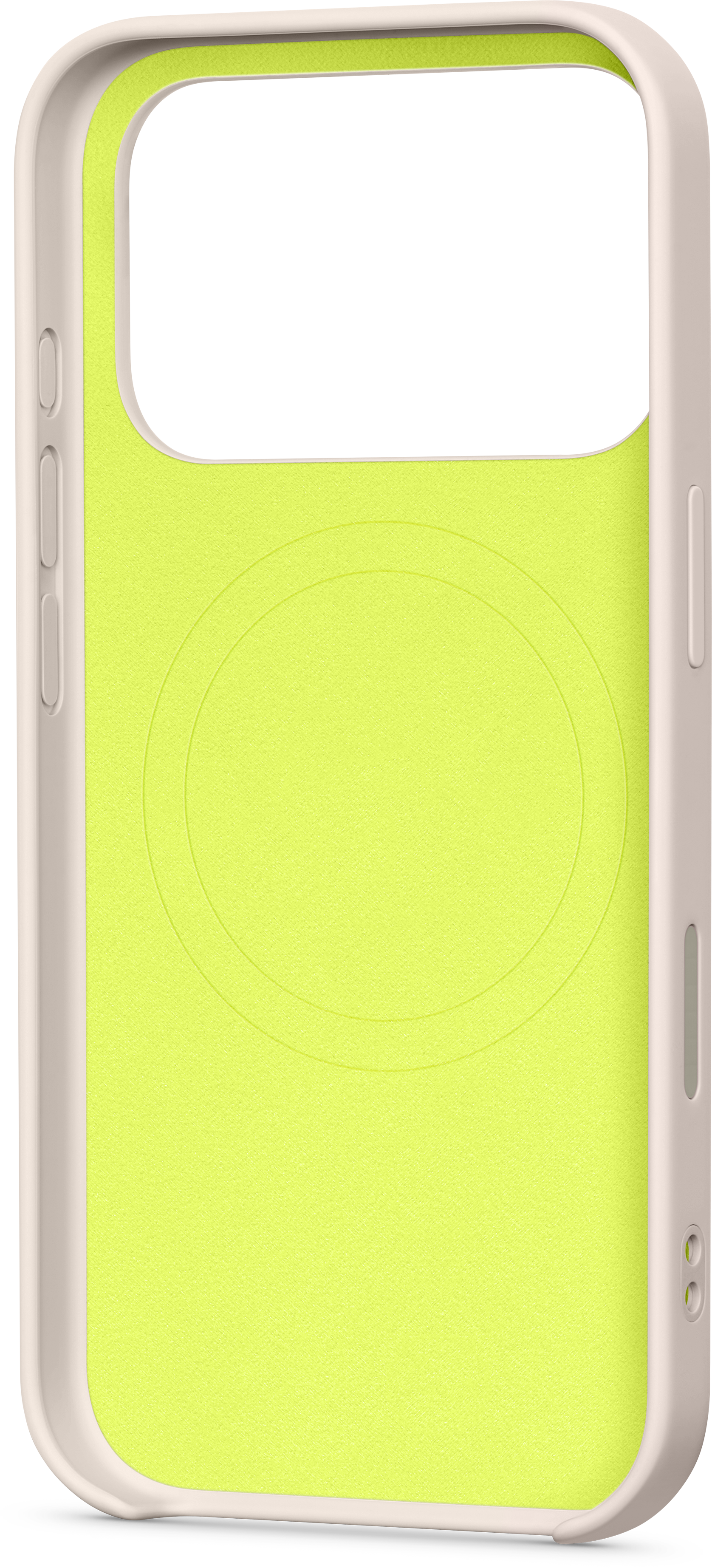 Une coque de téléphone avec un intérieur vert clair et un extérieur rose pâle. Elle a des découpes.