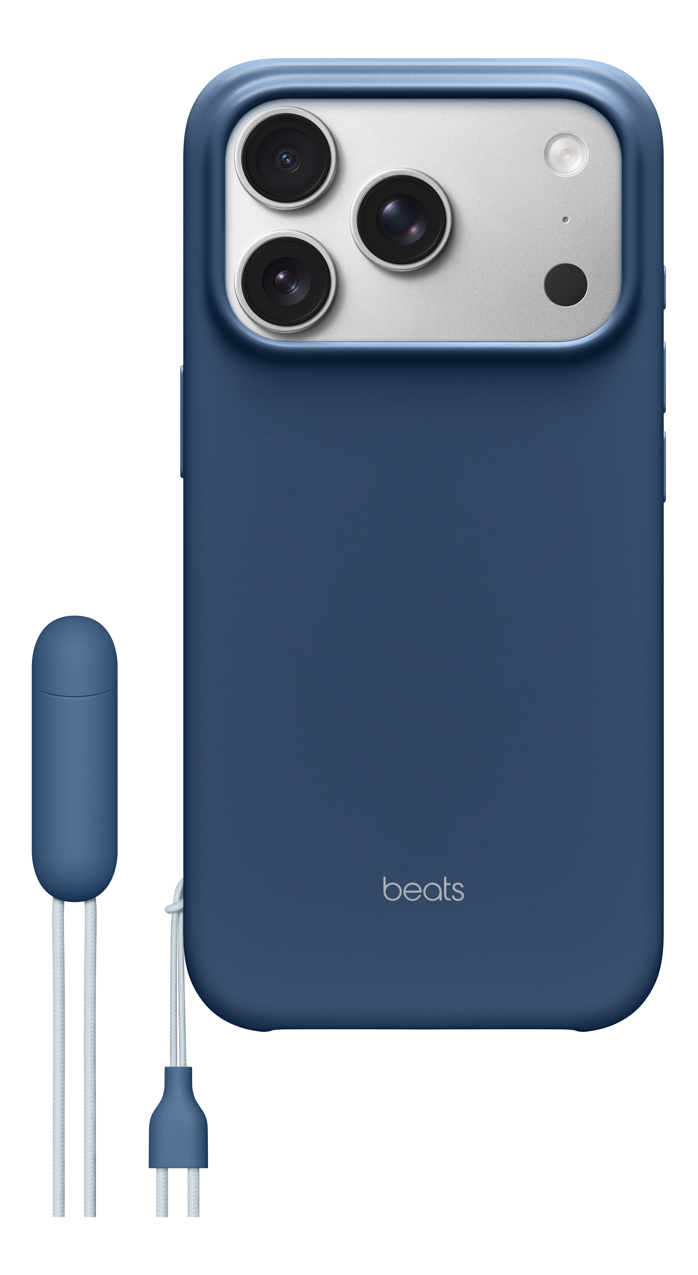 Un étui bleu pour iPhone avec trois caméras et un flash. Un étui d'écouteurs bleu avec des cordons blancs et un port de charge bleu.
