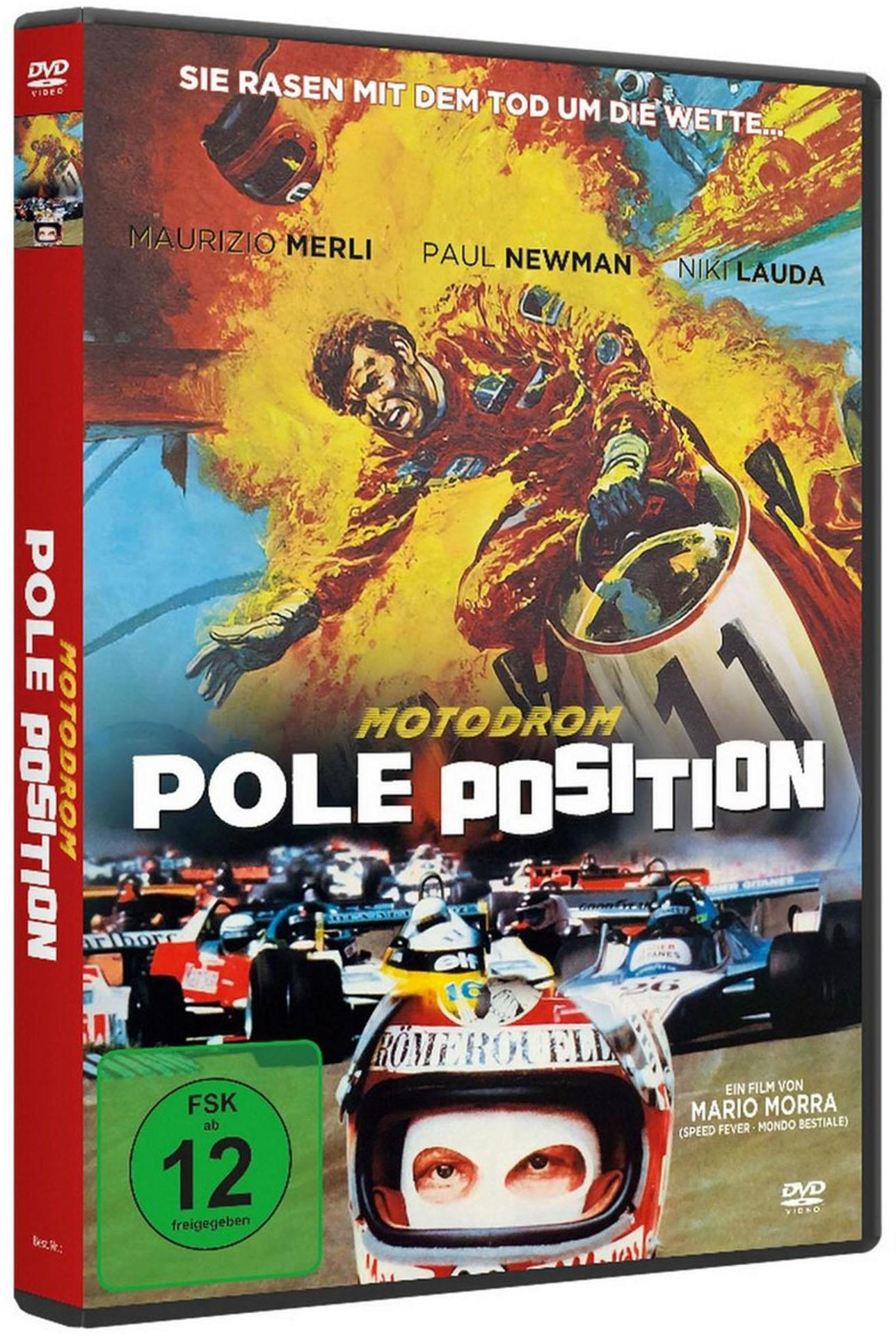 DVD-Cover des Films 'Pole Position'. Ein Rennfahrer vor feurigem Hintergrund über anderen Rennwagen.