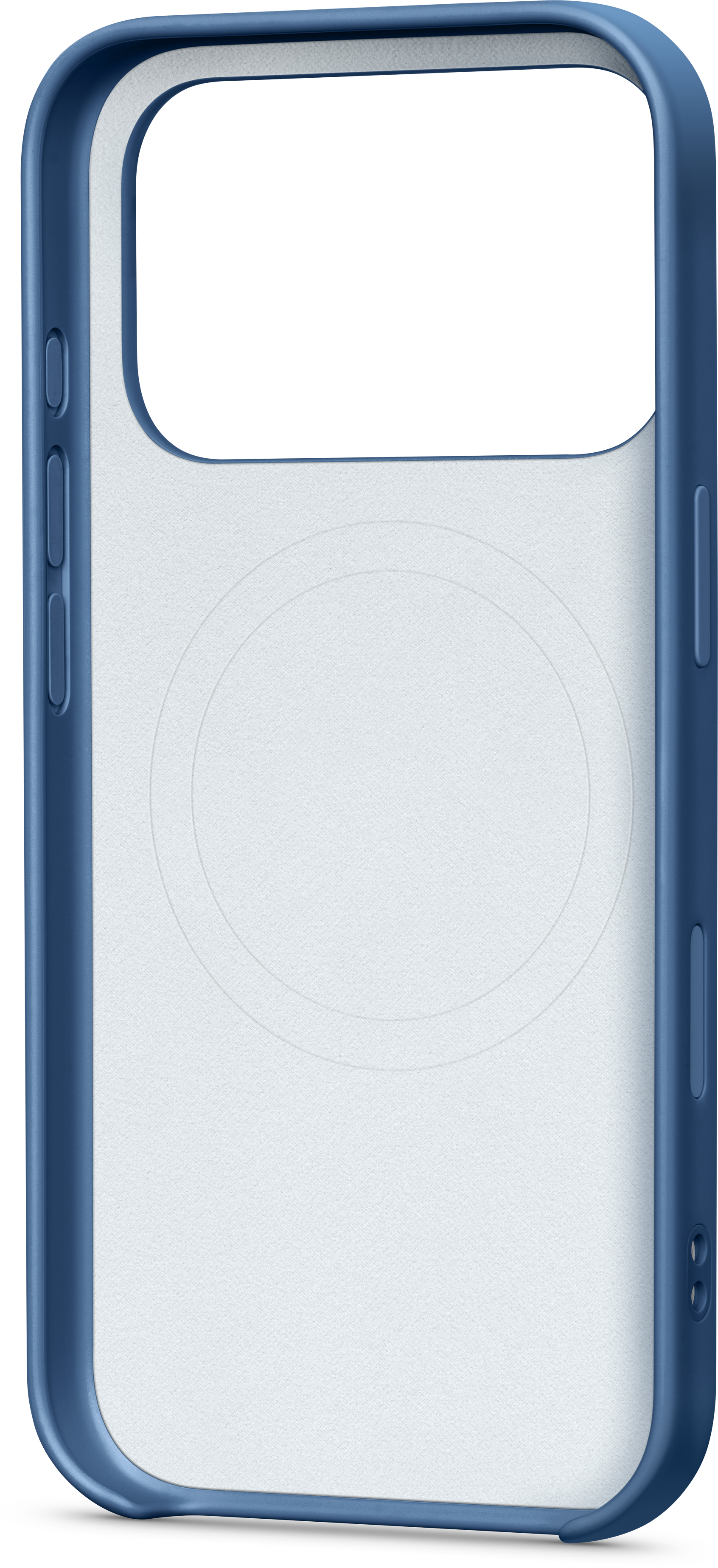 Une coque de téléphone bleue. L'intérieur est blanc avec un motif circulaire. La coque a des découpes pour les boutons et une ouverture pour la caméra.