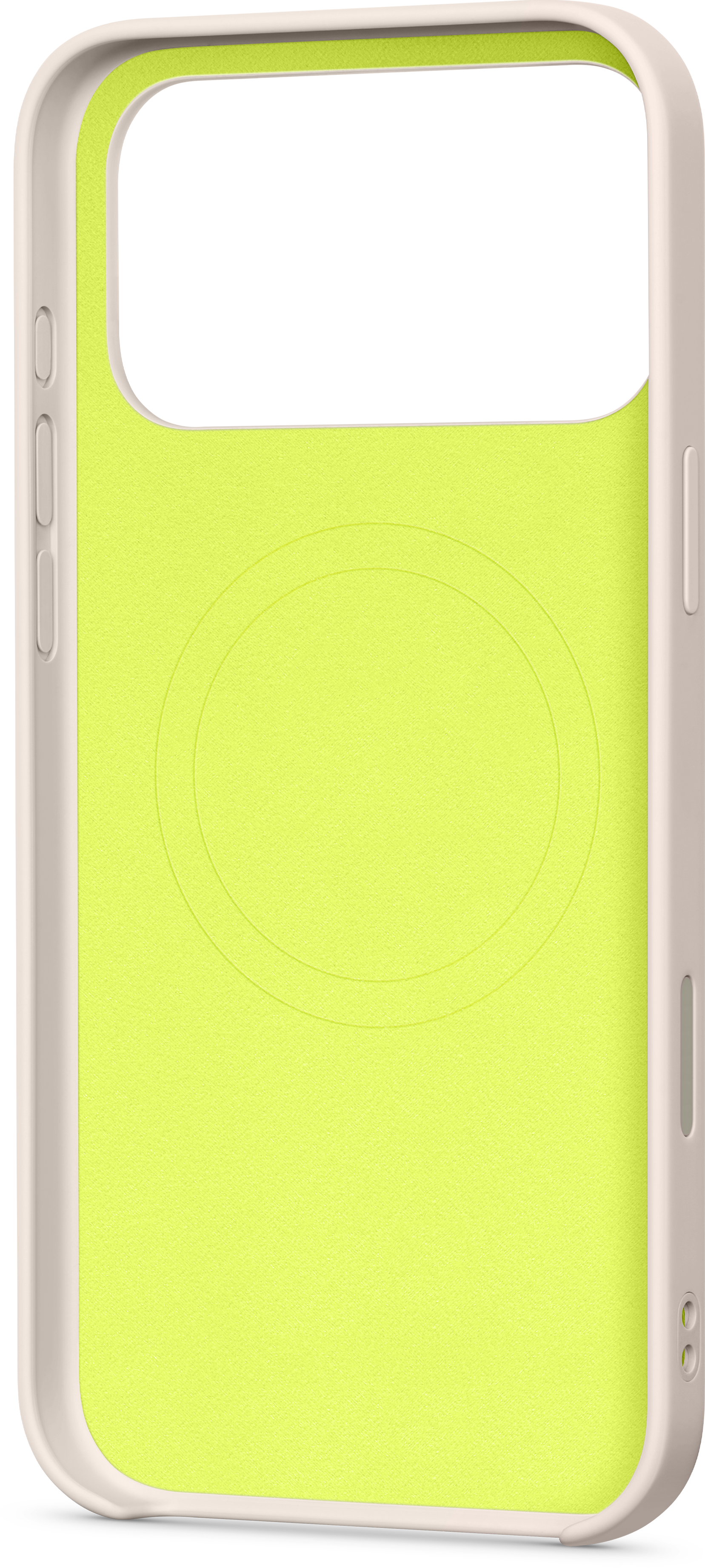 Eine Handyhülle mit weißem Rahmen und neongrünem Innenraum. Der Innenraum hat ein kreisförmiges Design.