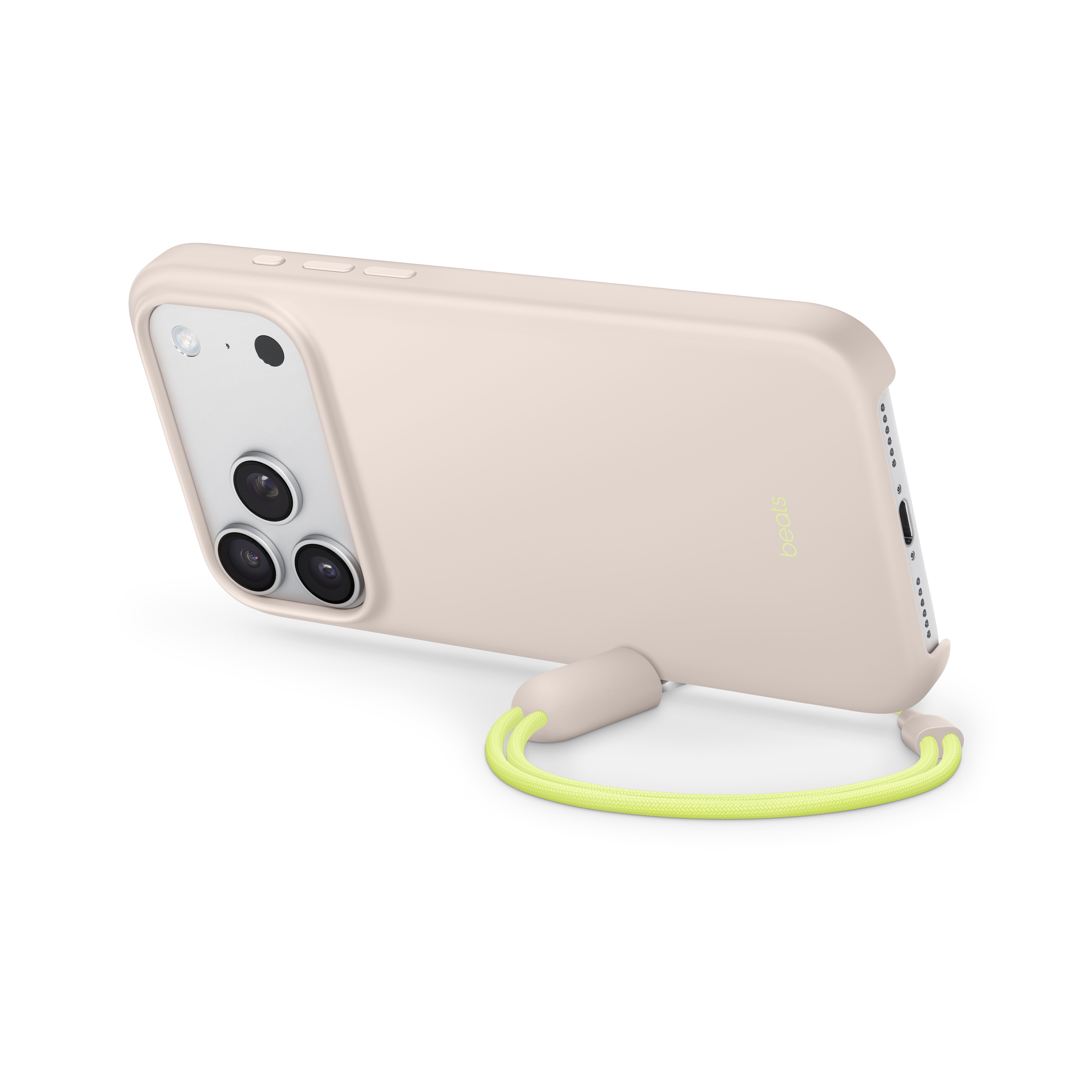 Ein hellrosa Telefon in einer passenden Hülle mit drei Linsen und einem limettengrünen Riemen auf schwarzem Hintergrund.