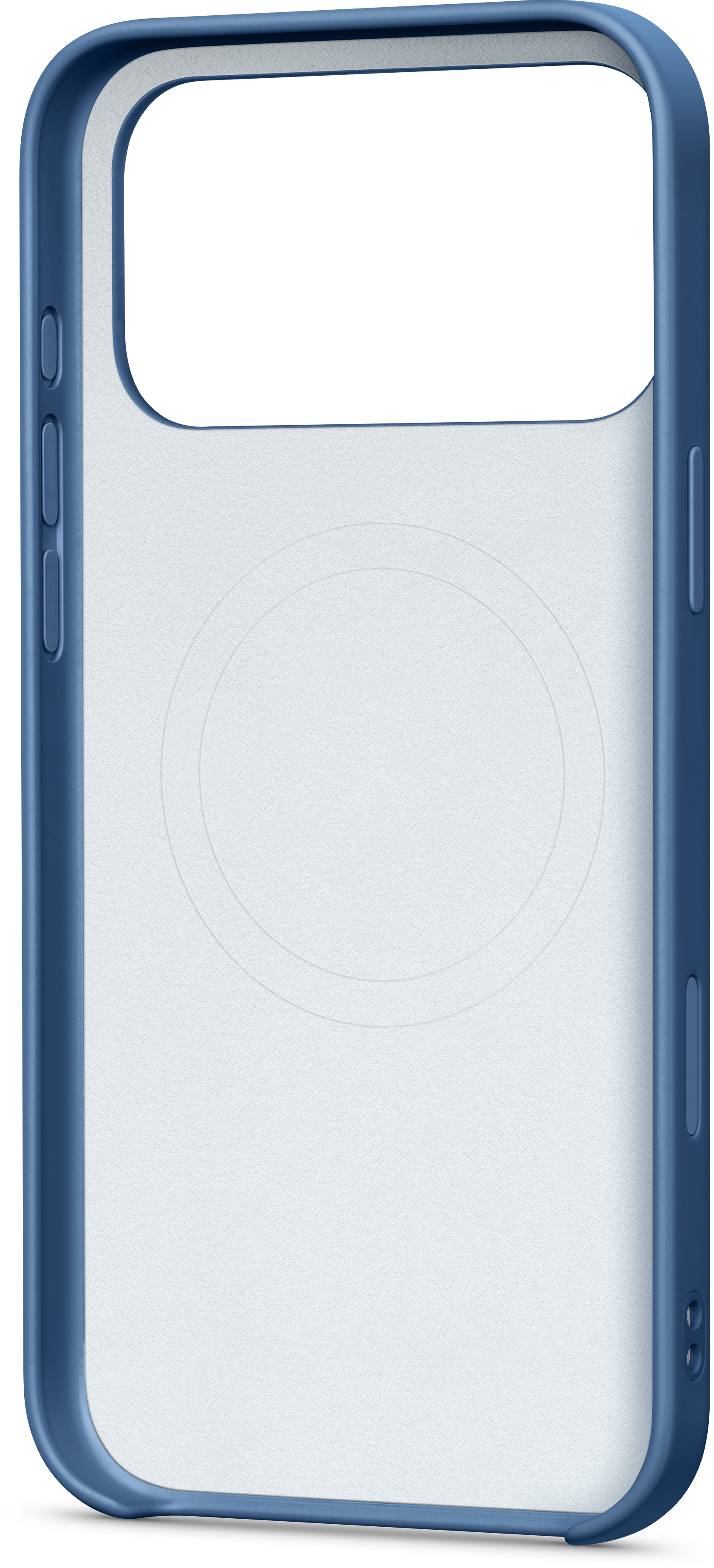 Une coque de téléphone bleue. Elle a un intérieur blanc avec une marque circulaire. La coque a des boutons latéraux.