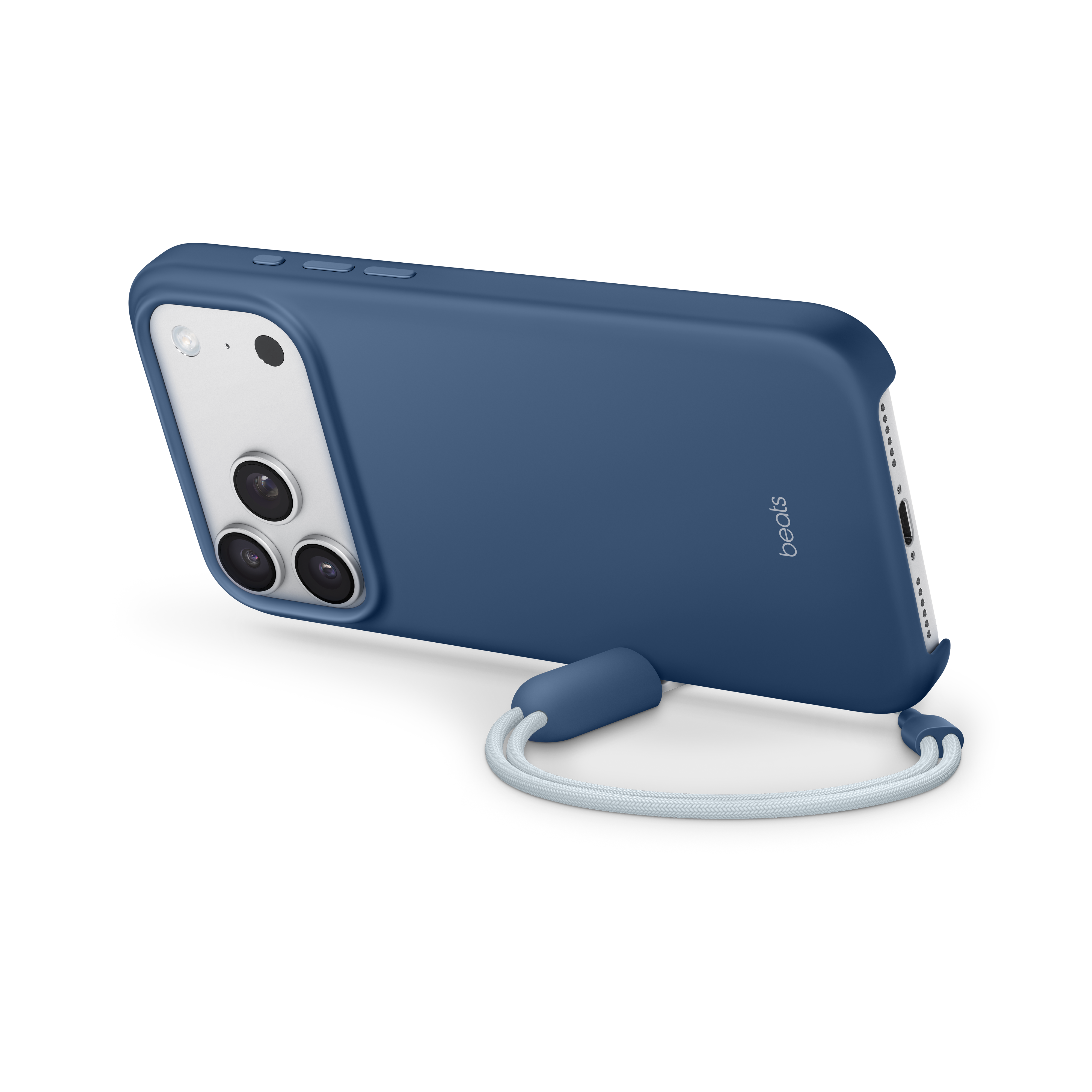 Une coque de téléphone bleue avec une sangle blanche, attachée à un téléphone. Logo Beats visible. Fond noir.