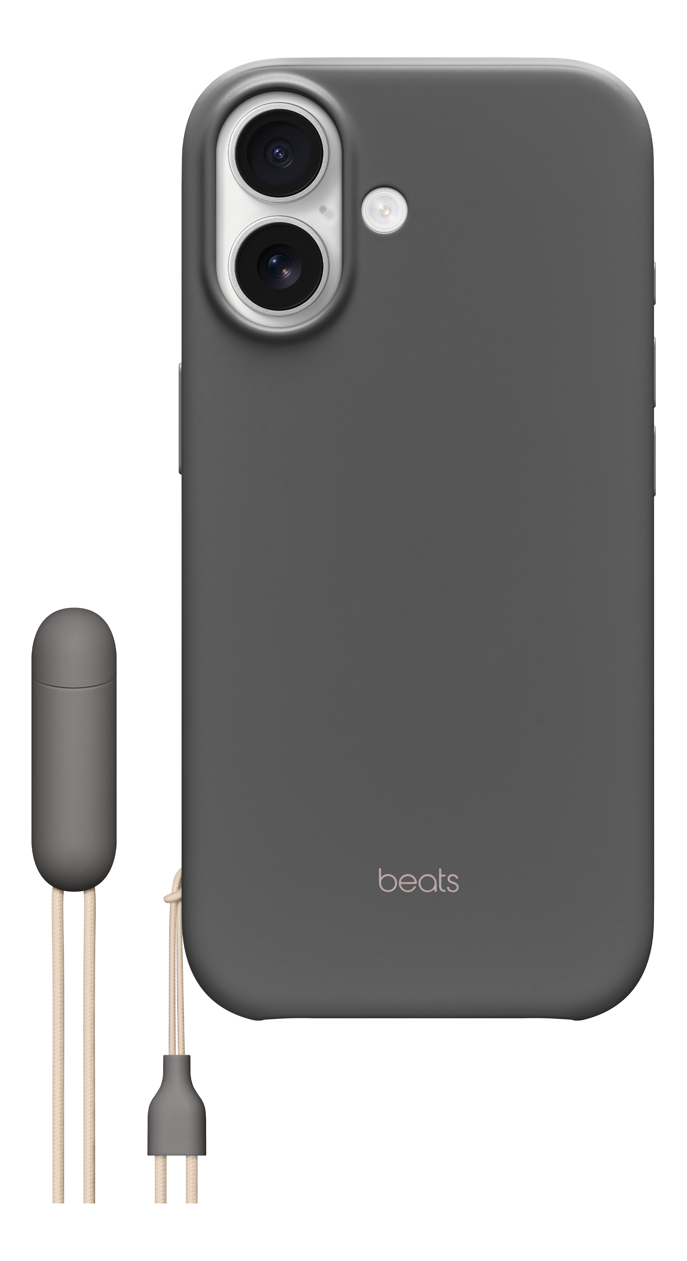 Une coque de téléphone gris foncé avec un câble de chargement et des écouteurs assortis. La coque a le logo Beats.