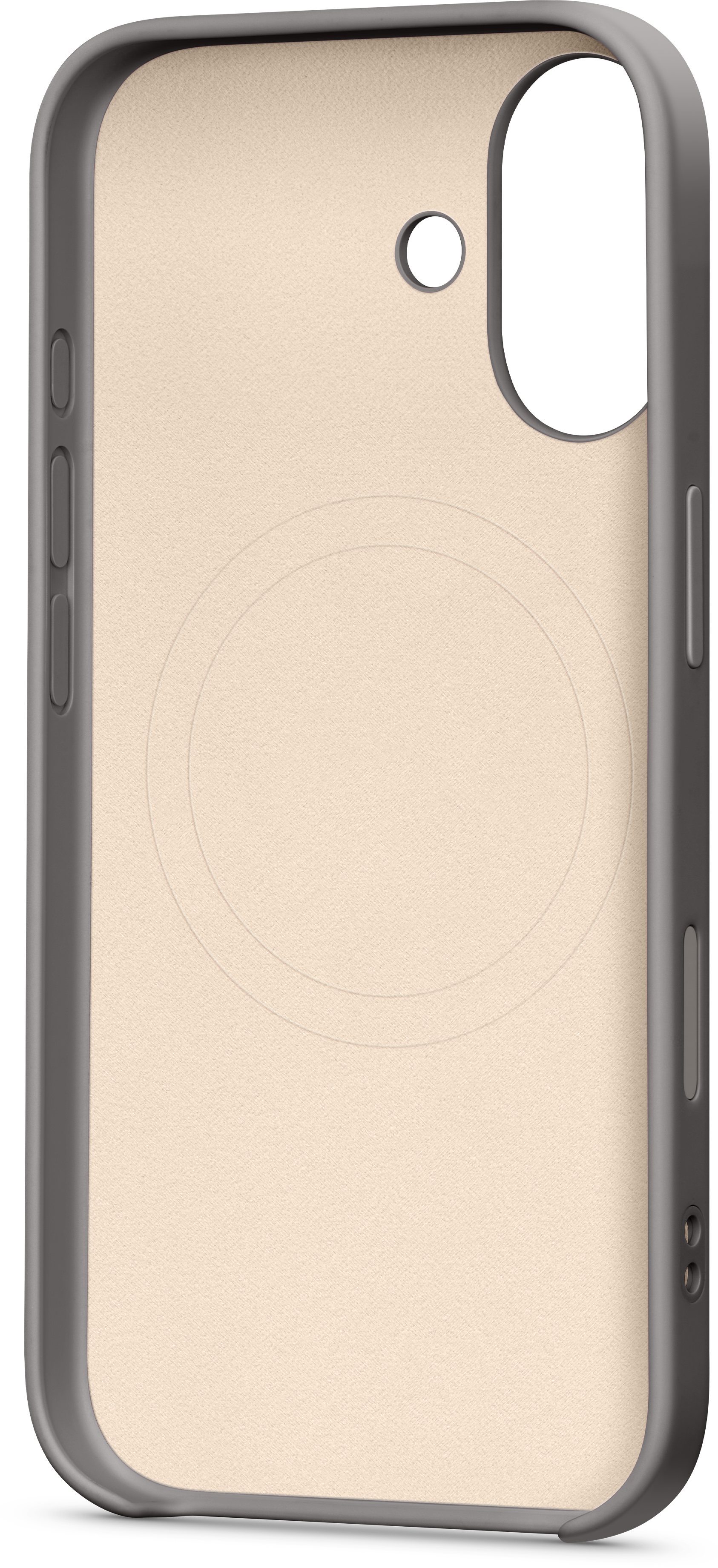 Coque de téléphone avec dos beige texturé et cadre gris. Elle possède une découpe pour l'appareil photo et des boutons latéraux.
