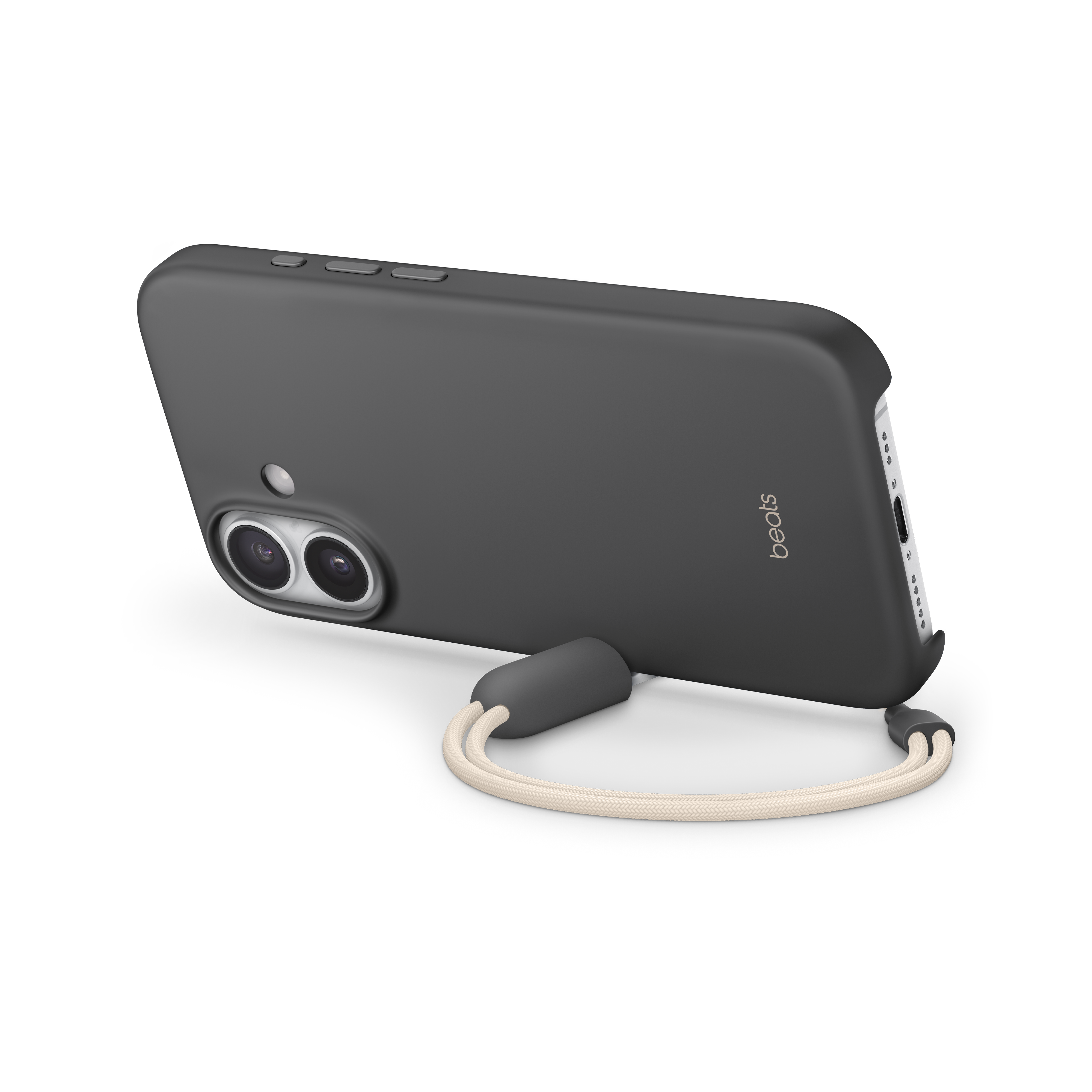 Coque de téléphone gris foncé avec dragonne crème, sur fond noir. La marque 'beats' est visible.