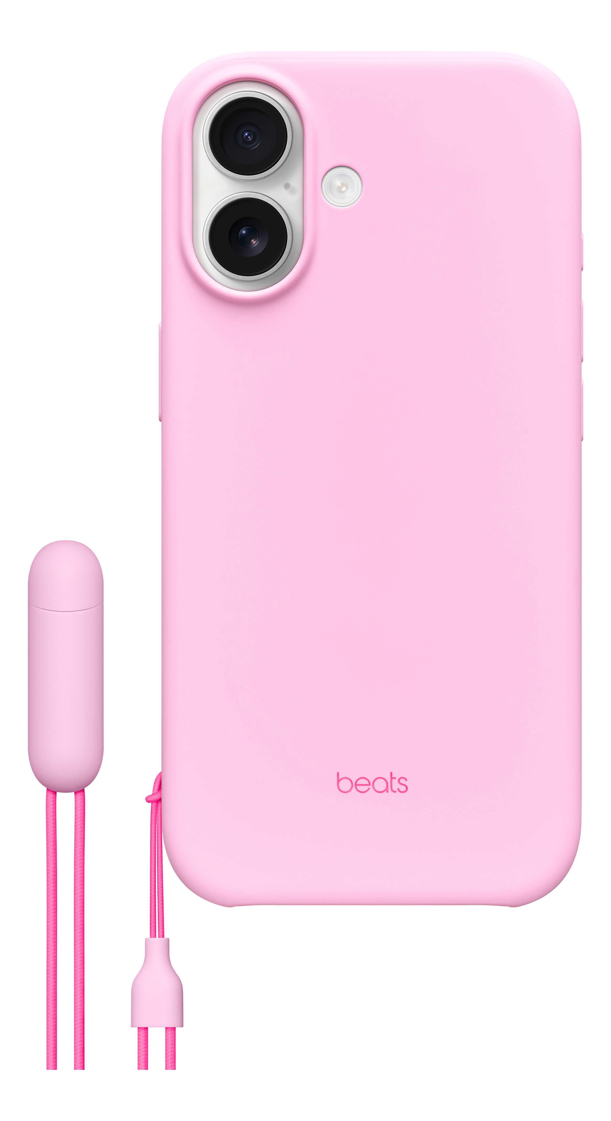 Coque de téléphone rose avec logo Beats, connectée à un cordon rose et des écouteurs. Fond noir.
